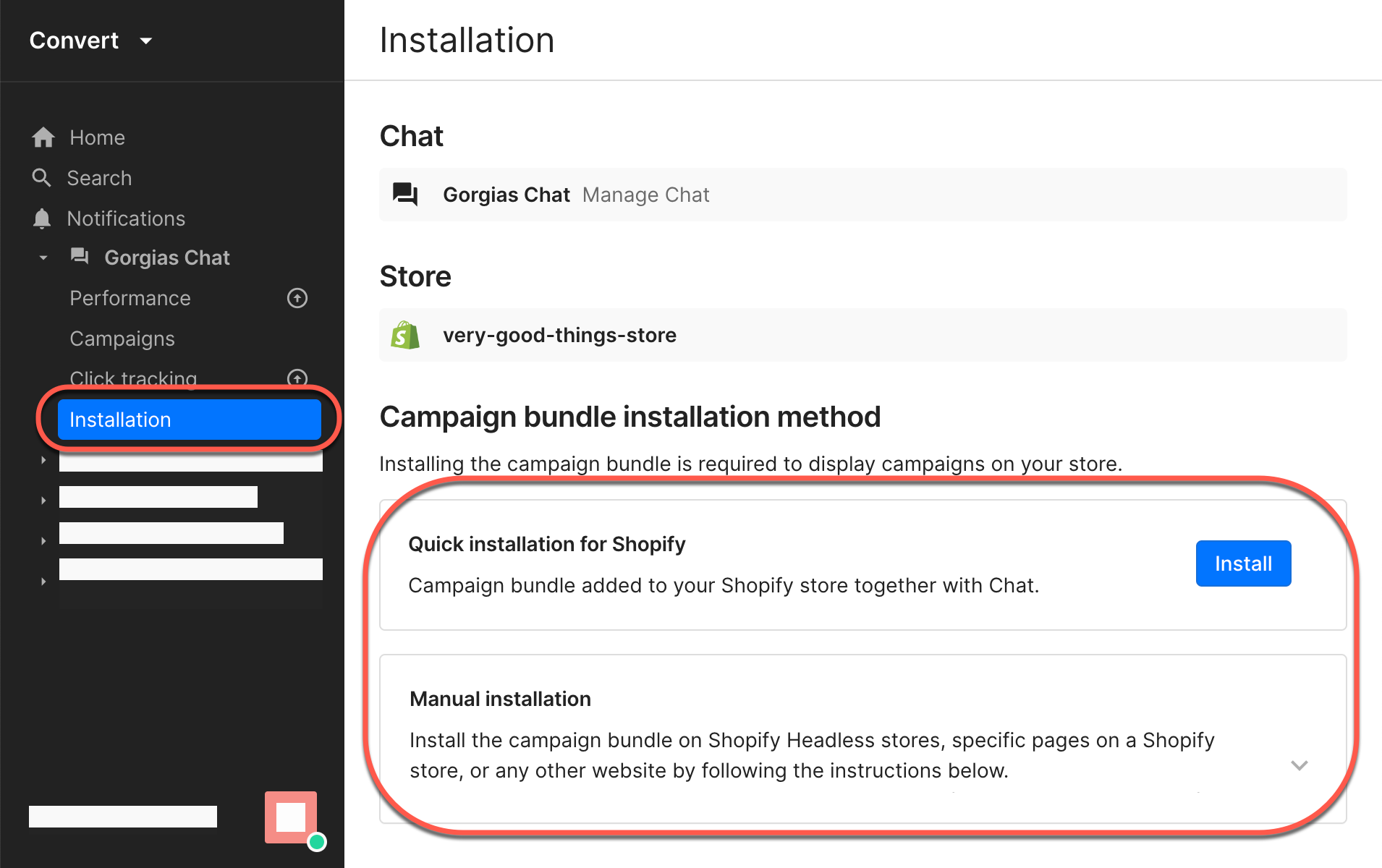 Selecting how you want to install Gorgias' convert bundle on your store: quick install for Shopify for manual installation