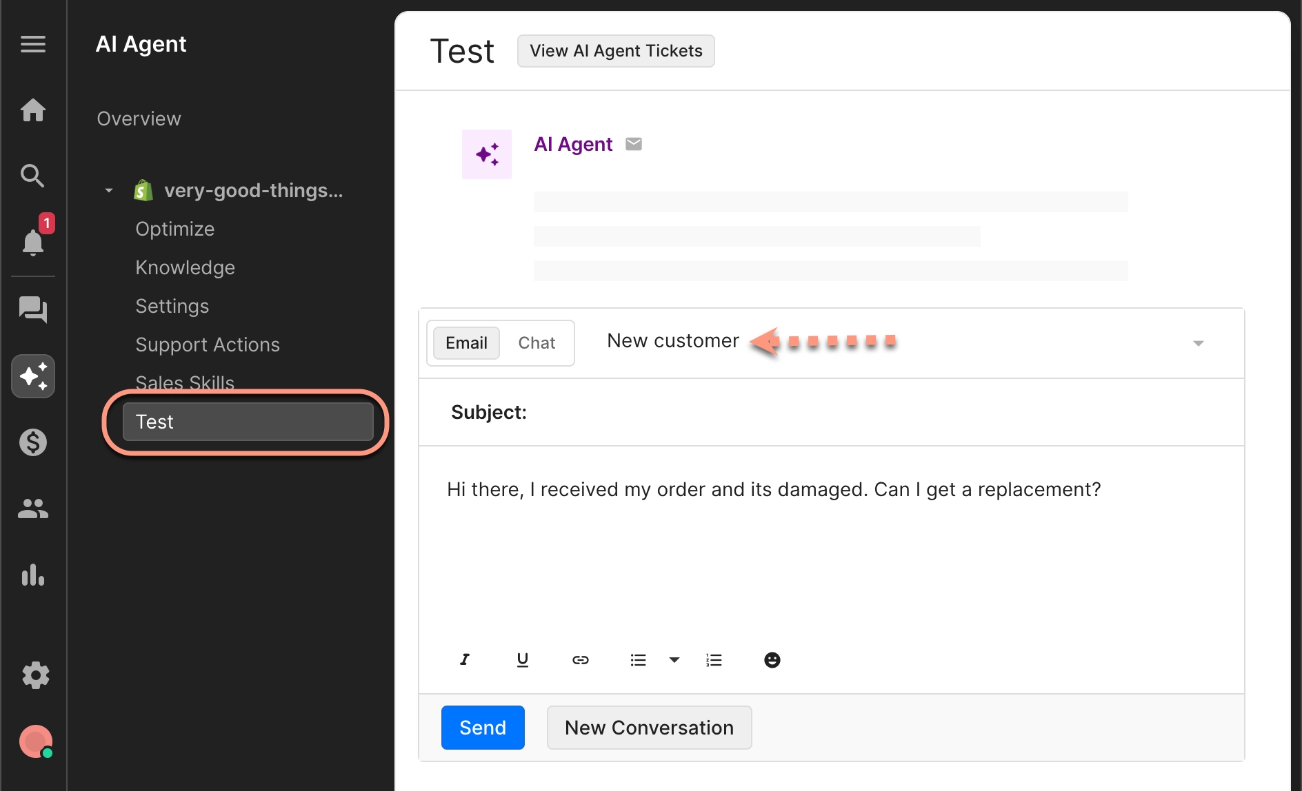 In your AI Agent settings, selecting the Test option from the menu. Then, on the Test page entering a question in the text box to evaluate how AI Agent responds