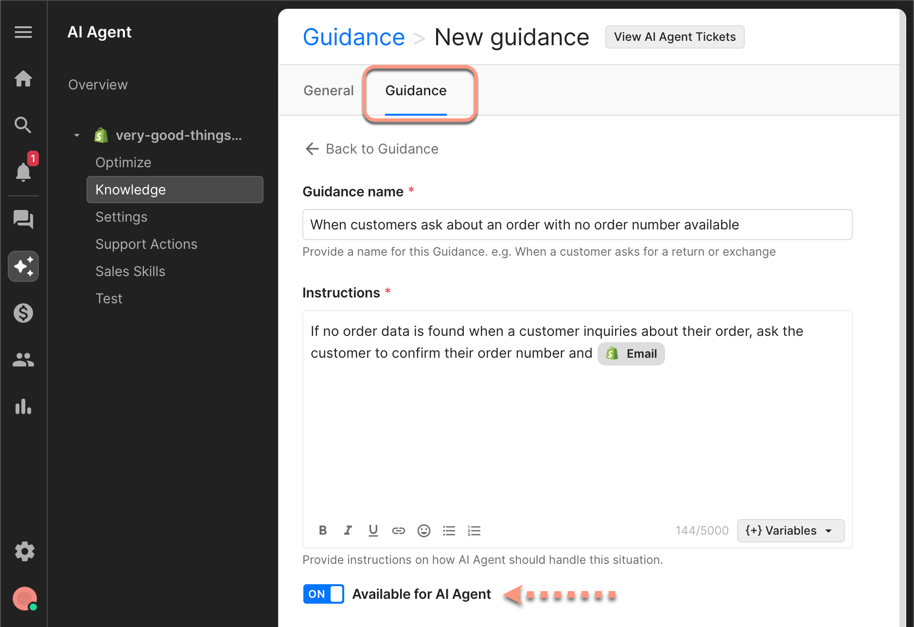 The “Guidance” tab in the Gorgias AI Agent interface. The “Guidance name” field is filled with the text “When customers ask about an order with no order number available.” The “Instructions” box contains guidance directing the agent to ask the customer to confirm their order number and email if no order data is found. The toggle labeled “Available for AI Agent” is turned on. A red dotted arrow points to this toggle at the bottom of the screen.