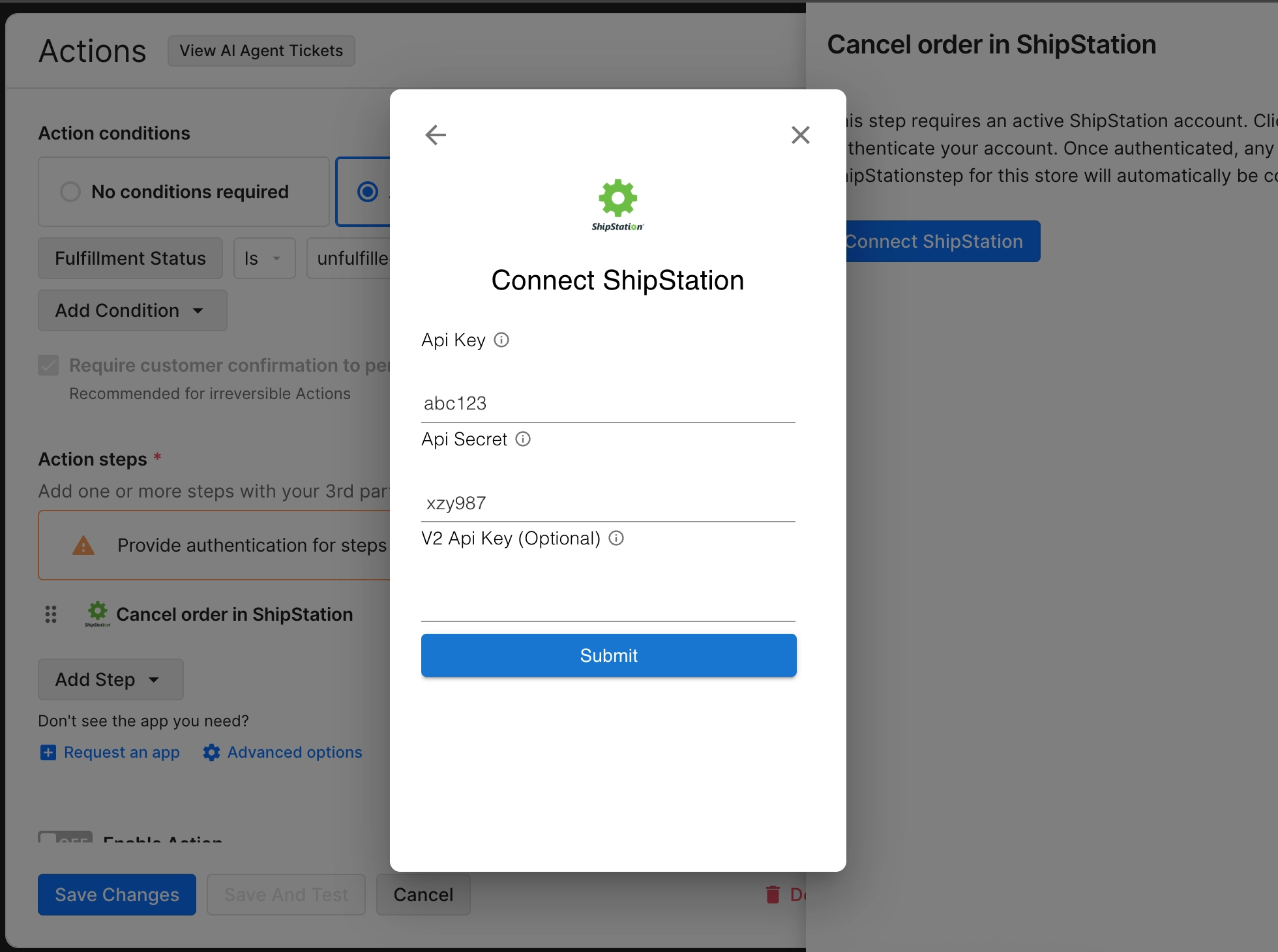 On the Actions page in Gorgias, adding a new step to an Action to cancel an order in ShipStation. A modal window for connecting to ShipStation asks for an API Key, API Secret and, optionally, a V2 API key.