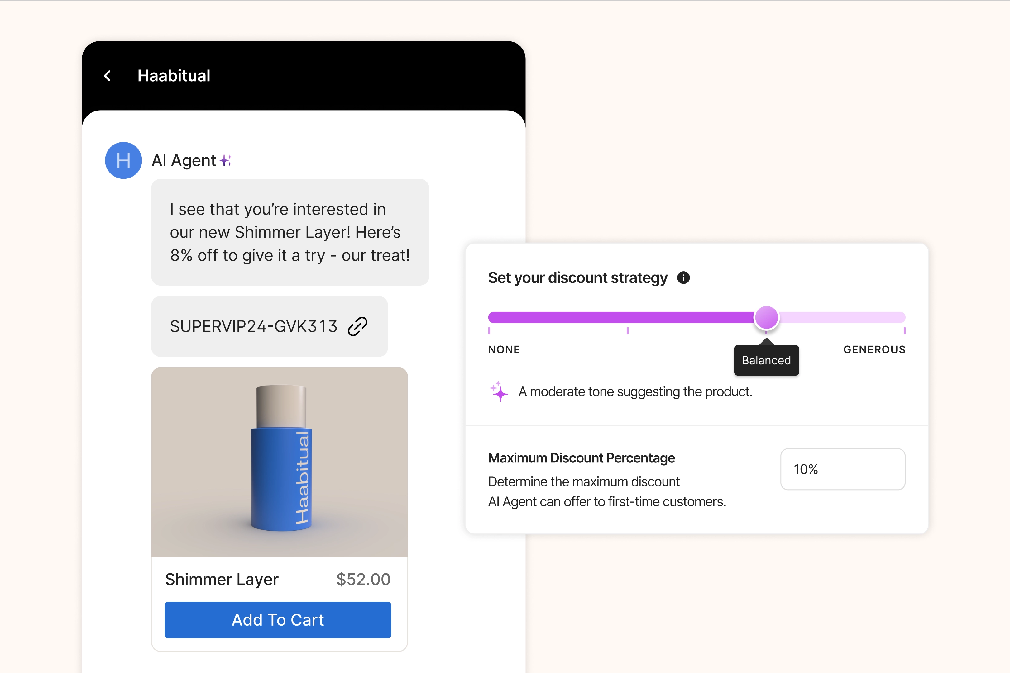 Chat interface where the AI Agent offers an 8% discount on a product called “Shimmer Layer,” with a visible coupon code and a price of $52.00, alongside a settings panel to configure discount tone and maximum percentage.