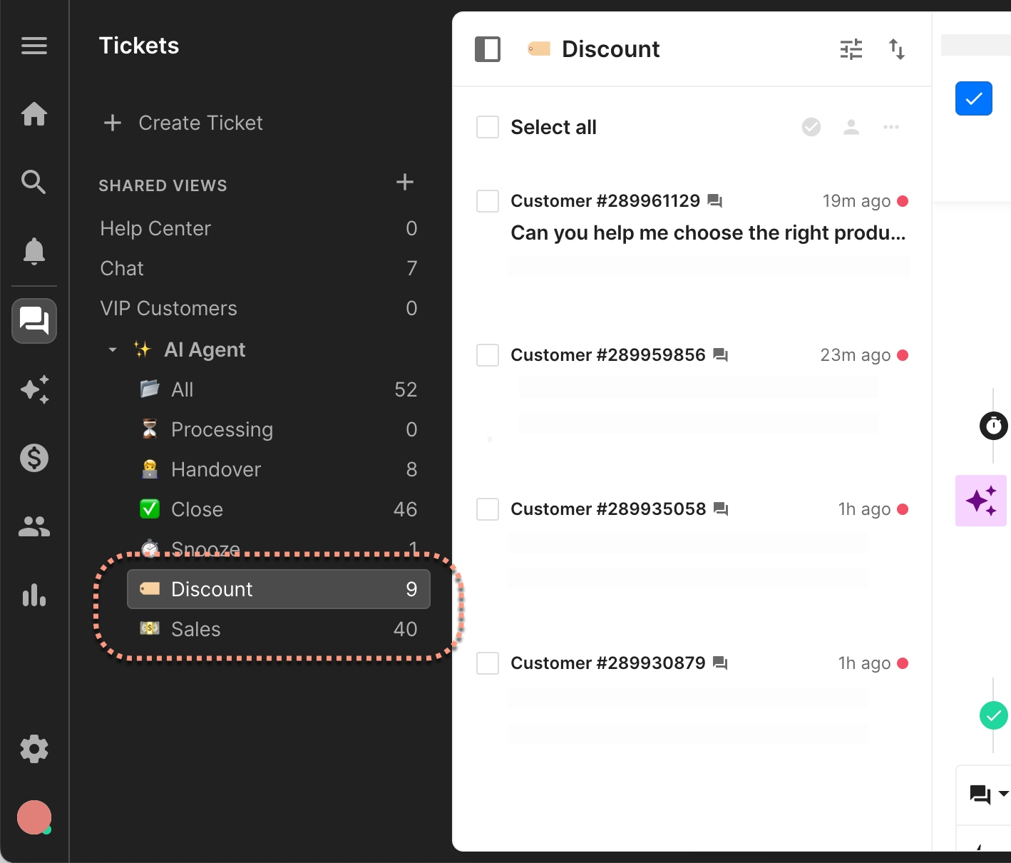 The ticket inbox in your Gorgias helpdesk highlighting AI Agent’s shared views, with a selected “Discount” folder showing customer inquiries and the number of open discount-related tickets.