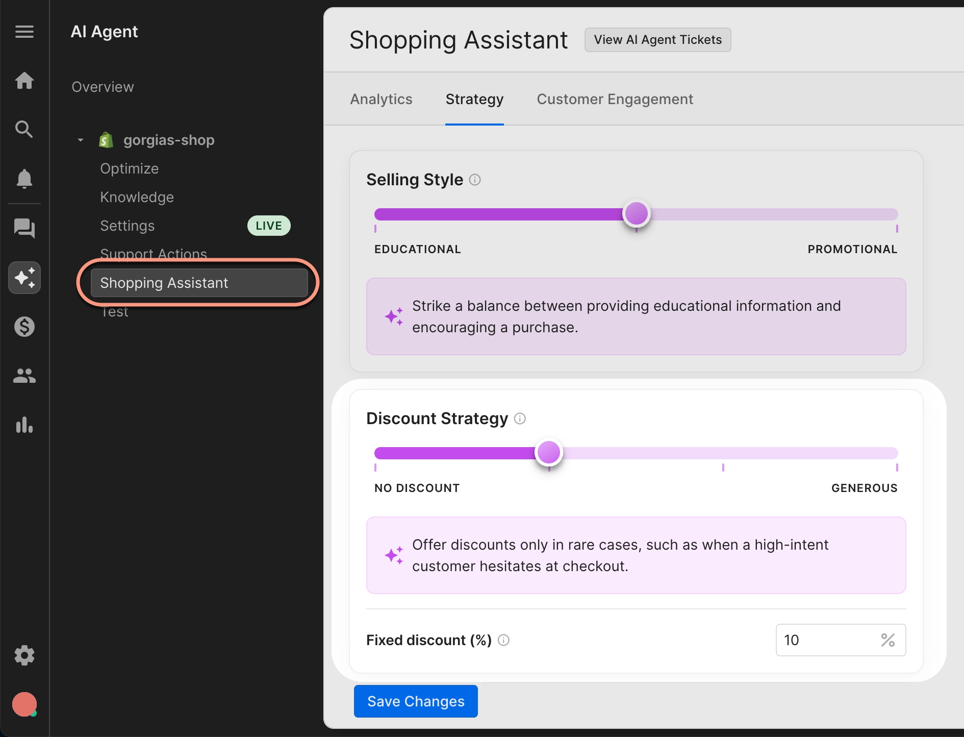 The settings panel for the AI Agent’s Shopping Assistants skill, showing a slider to adjust discount strategy (none to generous), with a 10% fixed discount; the “Shopping Assistant” tab is highlighted in the sidebar.