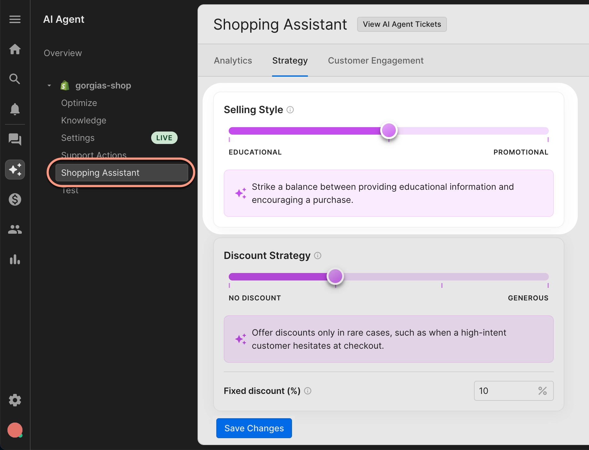 The settings panel for the AI Agent’s Shopping Assistants skill, showing a slider to adjust selling style (educational to promotional); the “Shopping Assistant” tab is highlighted in the sidebar.