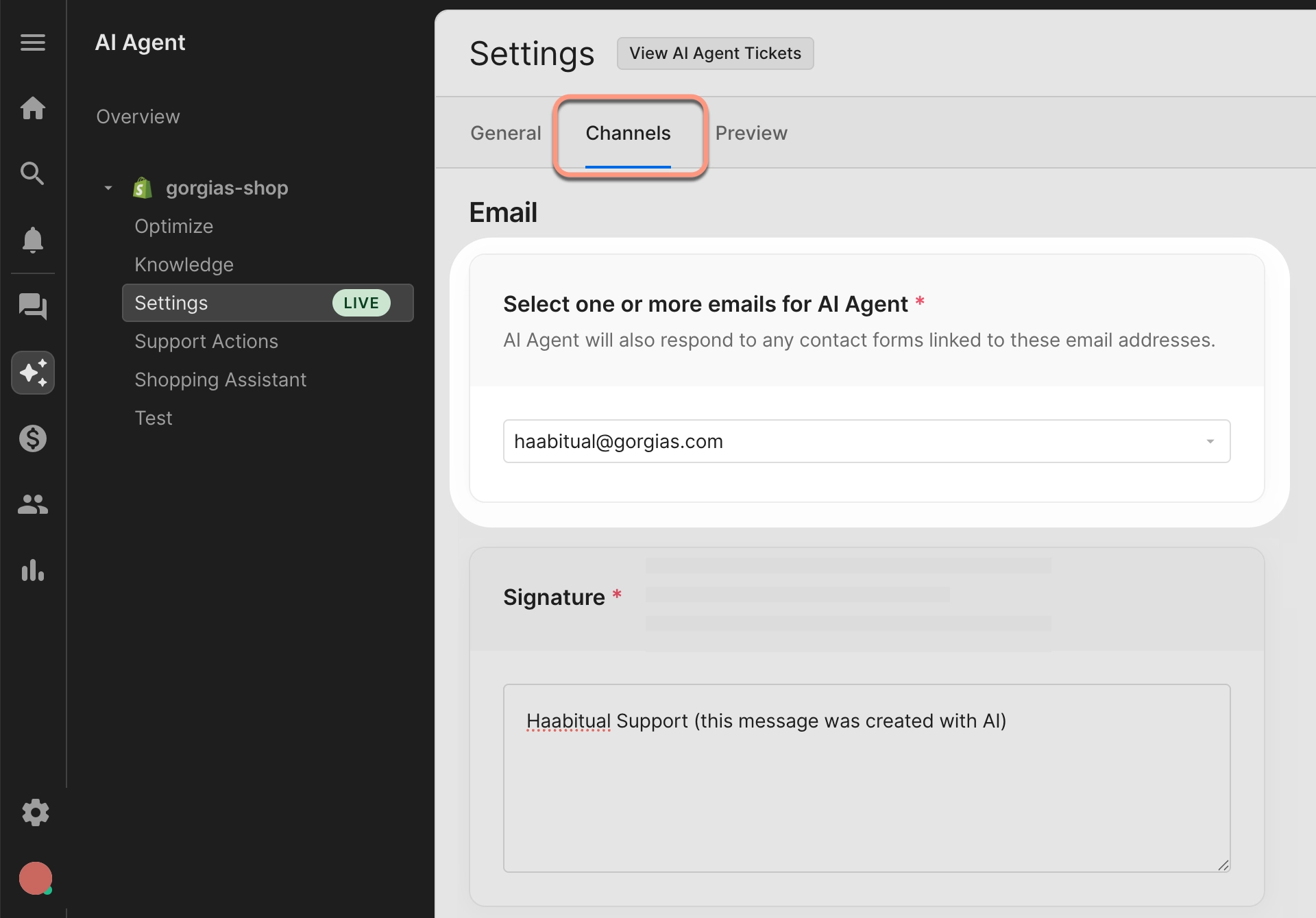 Settings screen showing the “Channels” tab for AI Agent, where a user selects an email address for the agent to respond from; the email “haabitual@gorgias.com” is entered, and a custom signature field is visible below.