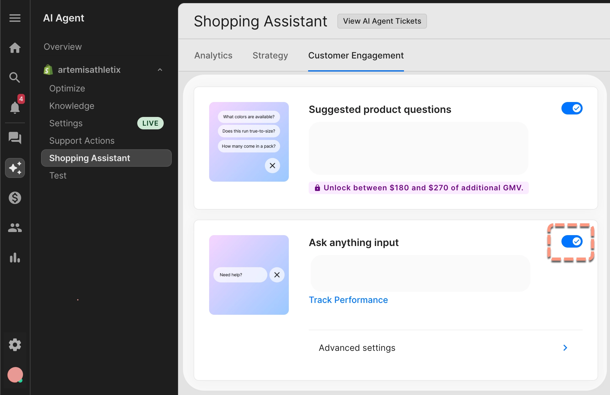 AI Agent dashboard showing customer engagement settings for Shopping Assistant. Toggles to enable “Suggested product questions” and “Ask anything input” are both highlighted
