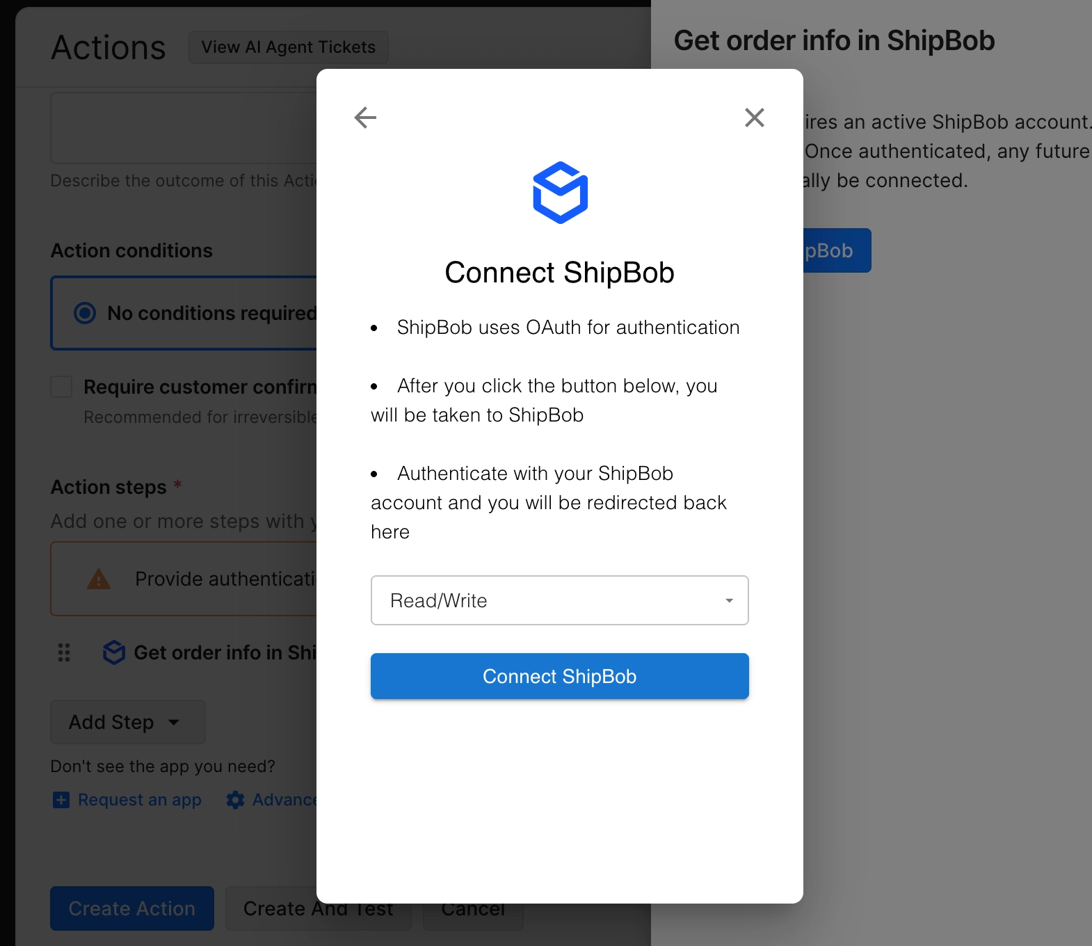Following the prompts in Gorgias to connect to AI Agent to ShipBob as a new step in a Support Action. Pop-up modal shows "Connect ShipBob" and asks for you to select access permissions from a dropdown menu before continuing.