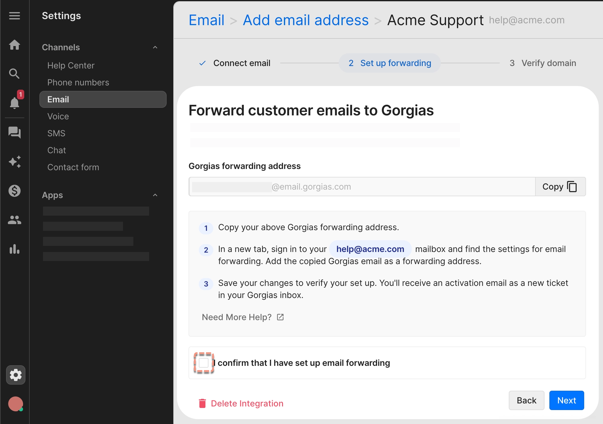 Gorgias email setup screen showing instructions to forward customer emails, including copying a forwarding address, signing into a mailbox to set up forwarding, and confirming setup completion.