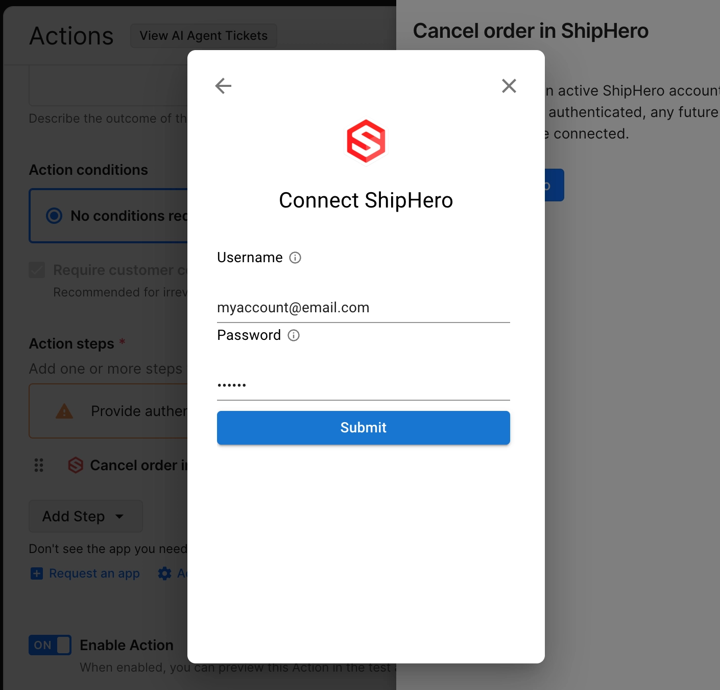 Following the prompts in Gorgias to connect to AI Agent to ShipHero as a new step in a Support Action. Pop-up modal shows "Connect ShipHero" and asks you sign in using your ShipHero credentials.