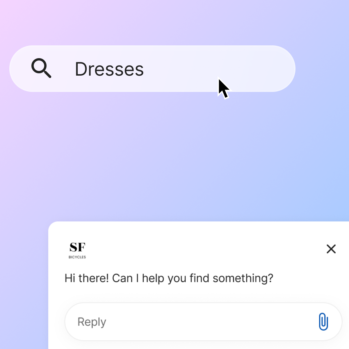Search bar with the word “Dresses” typed and a chat window offering assistance with a reply field.