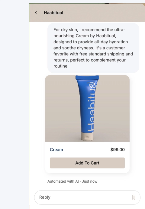 AI Agent message in a chat window recommending Haabitual cream for dry skin with an image of a blue product tube, price listed as $99.00, and an “Add To Cart” button.