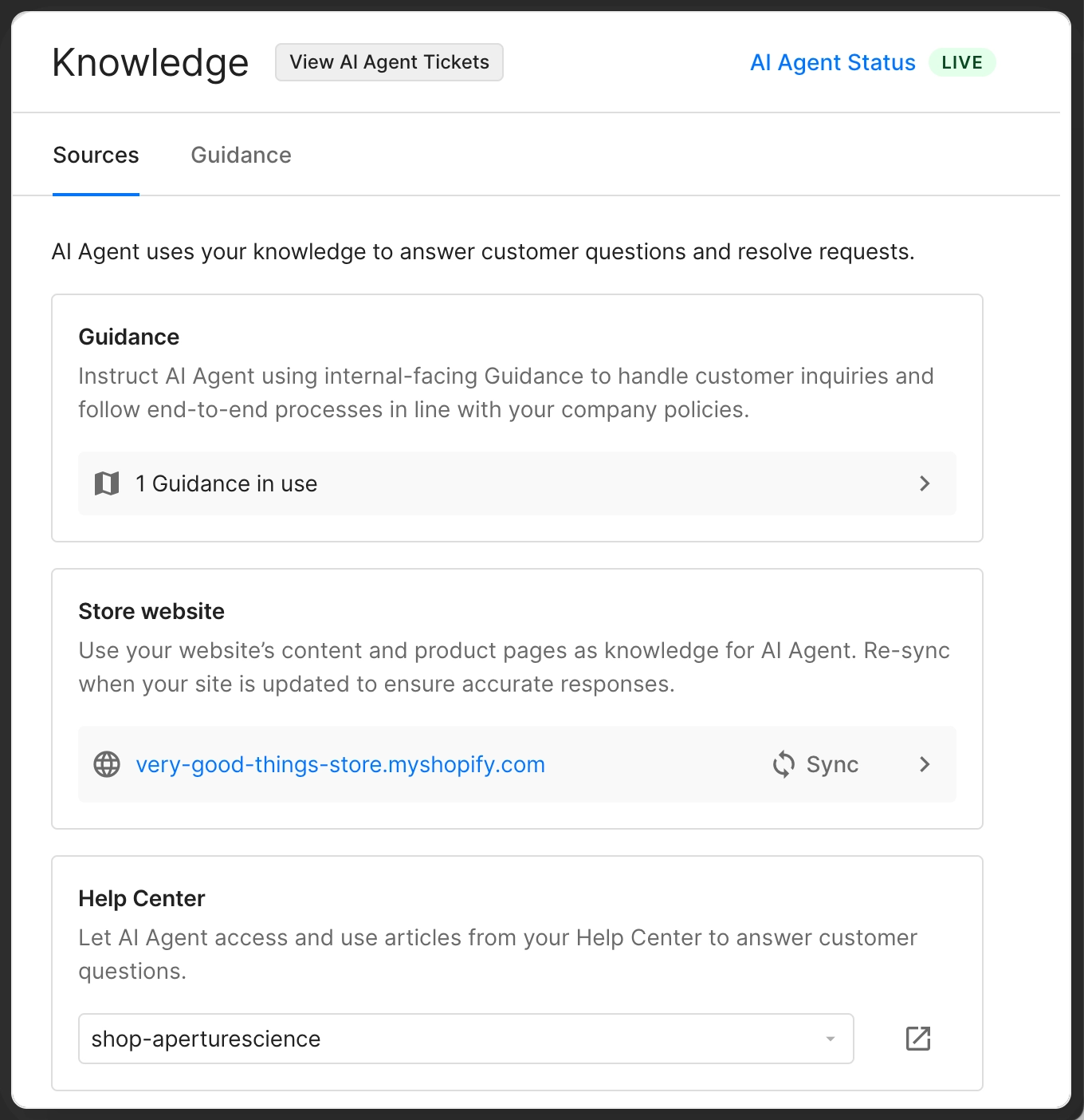 Knowledge sources panel showing connected guidance, store website, and Help Center content used by AI Agent to answer customer questions