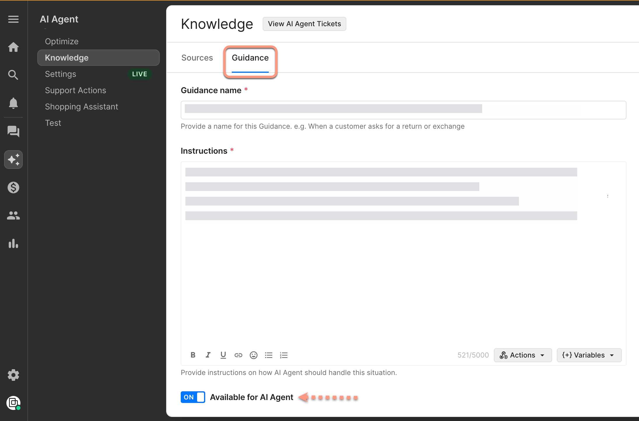 The “Guidance” tab in the Gorgias AI Agent interface. The “Guidance name” field and the “Instructions” box contain obfuscated sample text. The toggle labeled “Available for AI Agent” is turned on. A red dotted arrow points to this toggle at the bottom of the screen.
