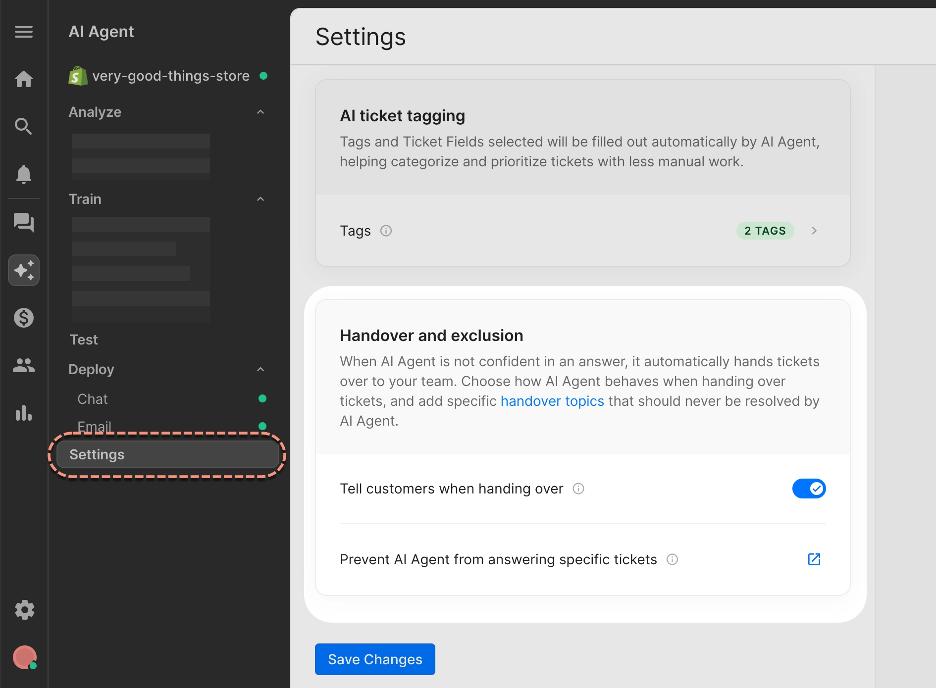 Settings page for AI Agent showing options for ticket tagging, handover, and exclusion preferences