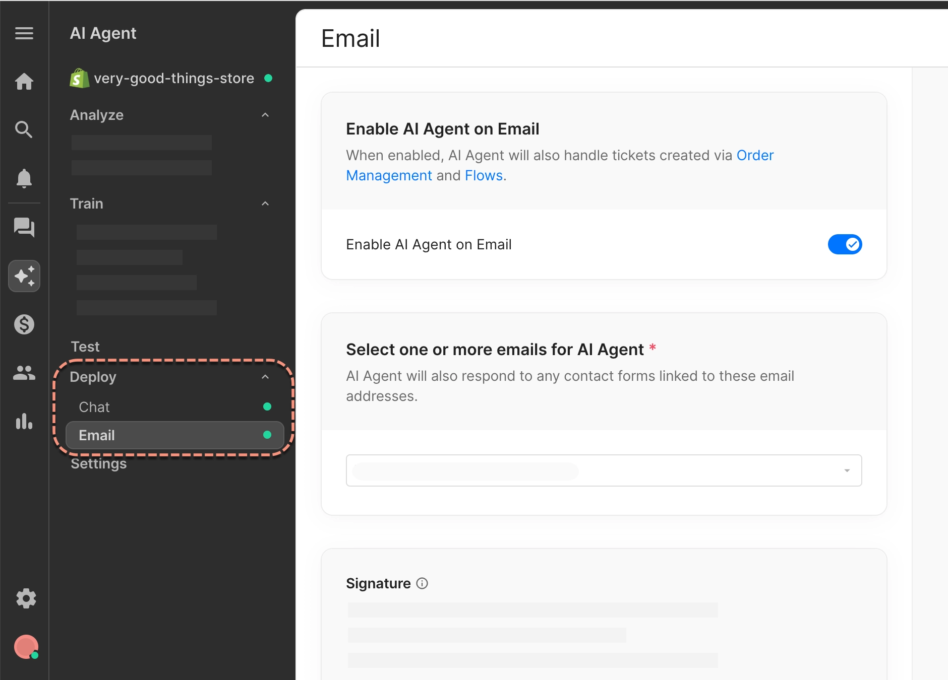 Settings page in Gorgias showing how to enable the AI Agent on email and select linked email addresses