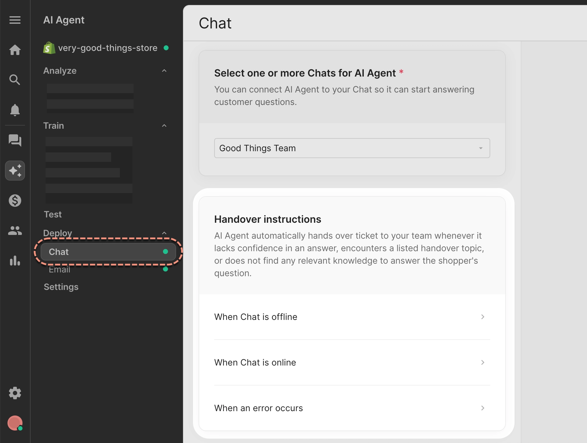 AI Agent chat settings with handover instructions section showing collapsed options for handling when chat is offline, online, or an error occurs.