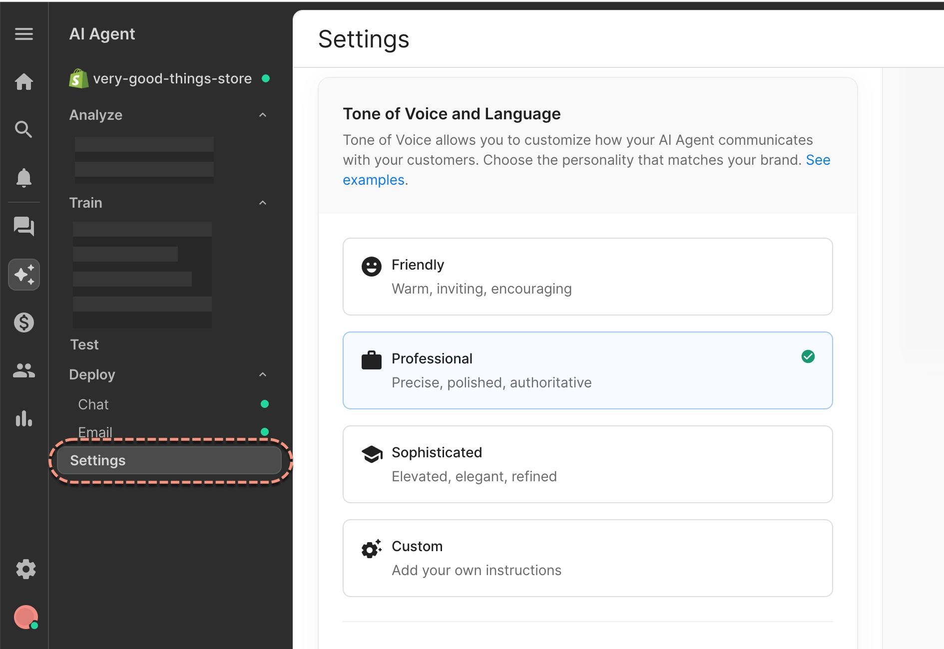 Settings page for AI Agent showing tone of voice options including Friendly, Professional, Sophisticated, and Custom