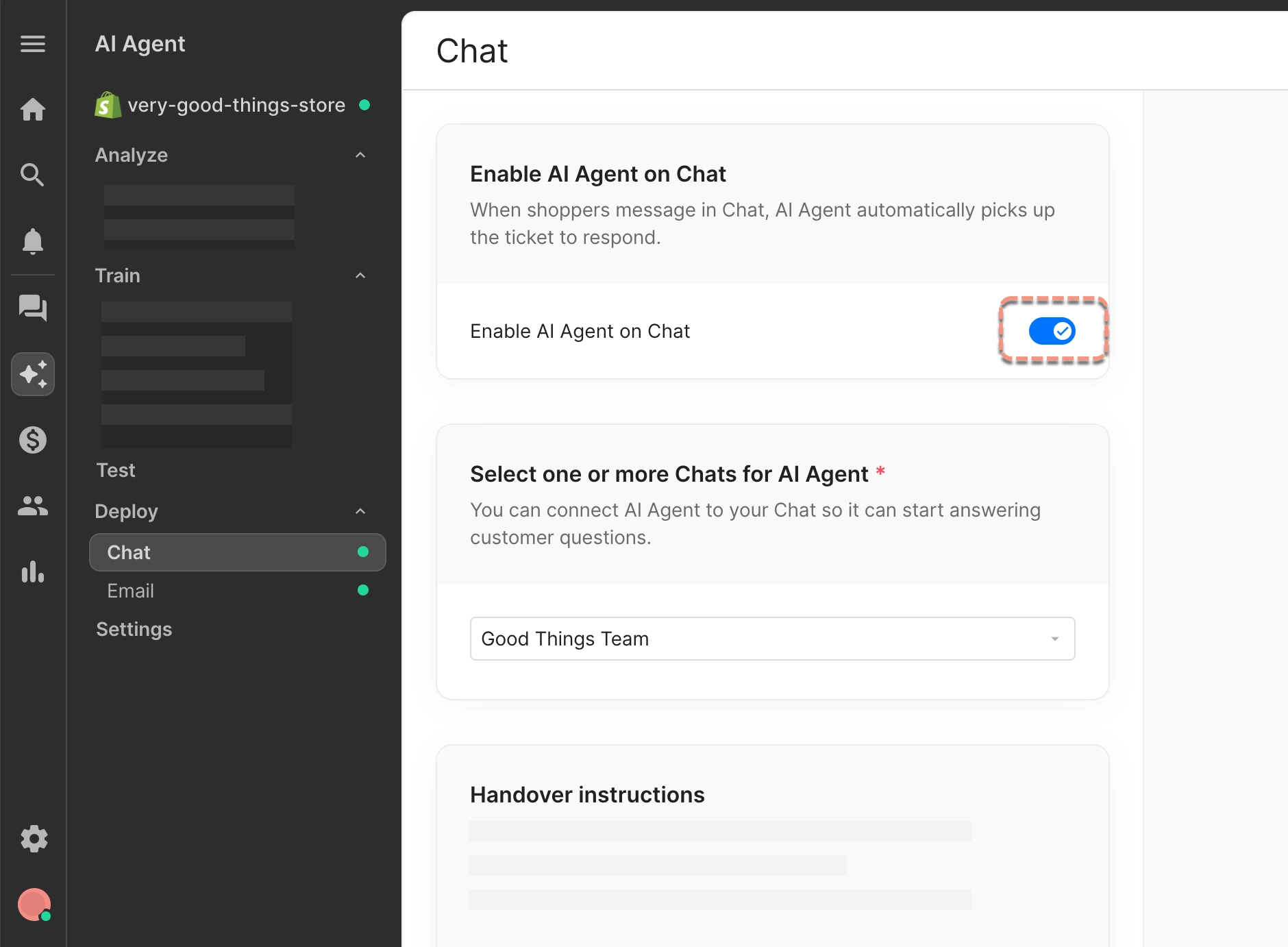 Settings page for AI Agent showing chat deployment options with the toggle enabled and a team chat selected.