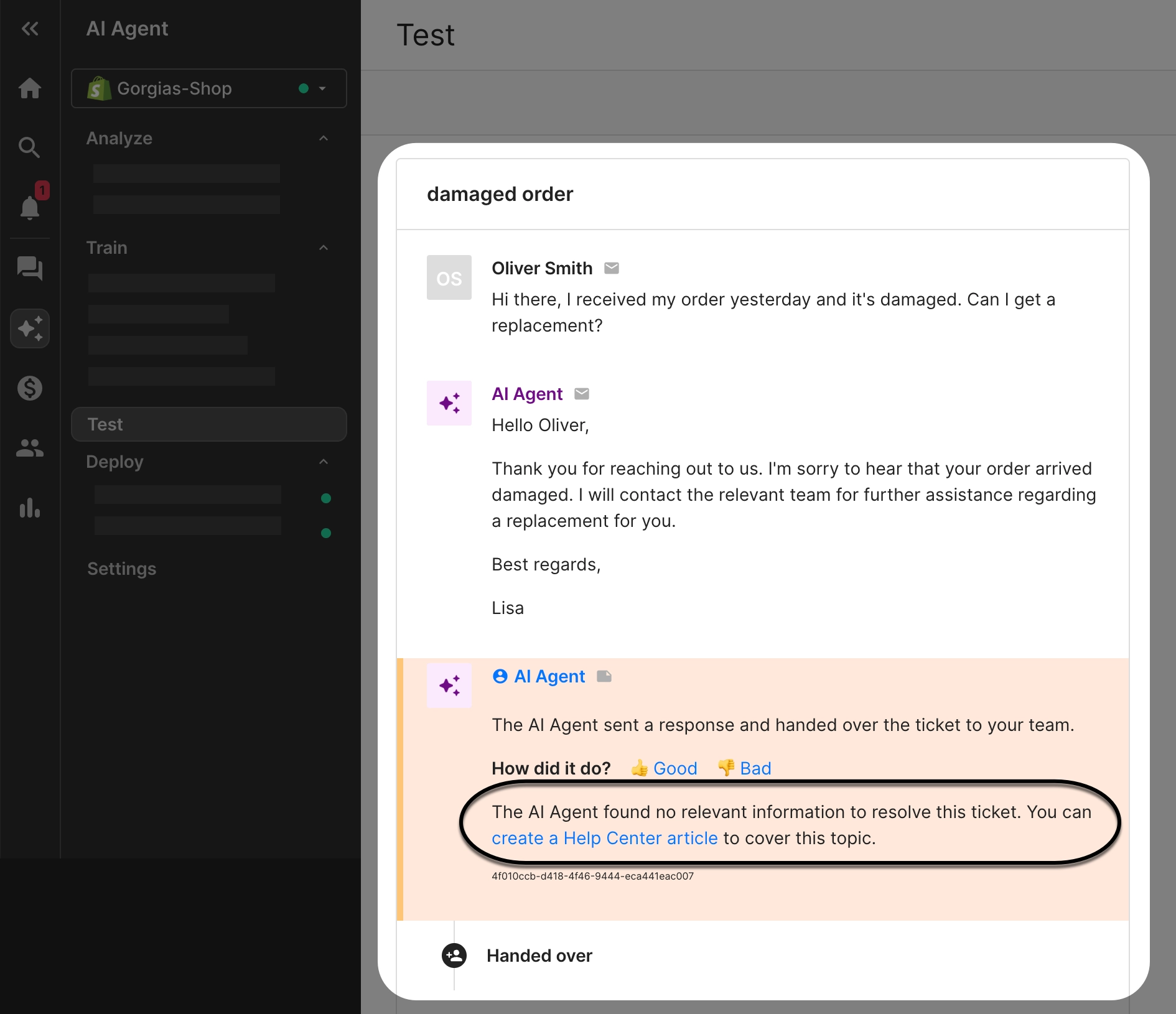 In the AI Agent test environment, looking at the response that AI Agent provided to your test question. Using the answer to evaluate what improvements you can make to AI Agent's settings or knowledge.