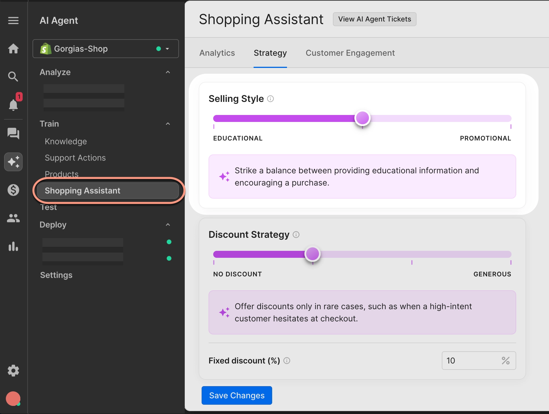 The settings panel for the AI Agent’s Shopping Assistants skill, showing a slider to adjust selling style (educational to promotional); the “Shopping Assistant” tab is highlighted in the sidebar.