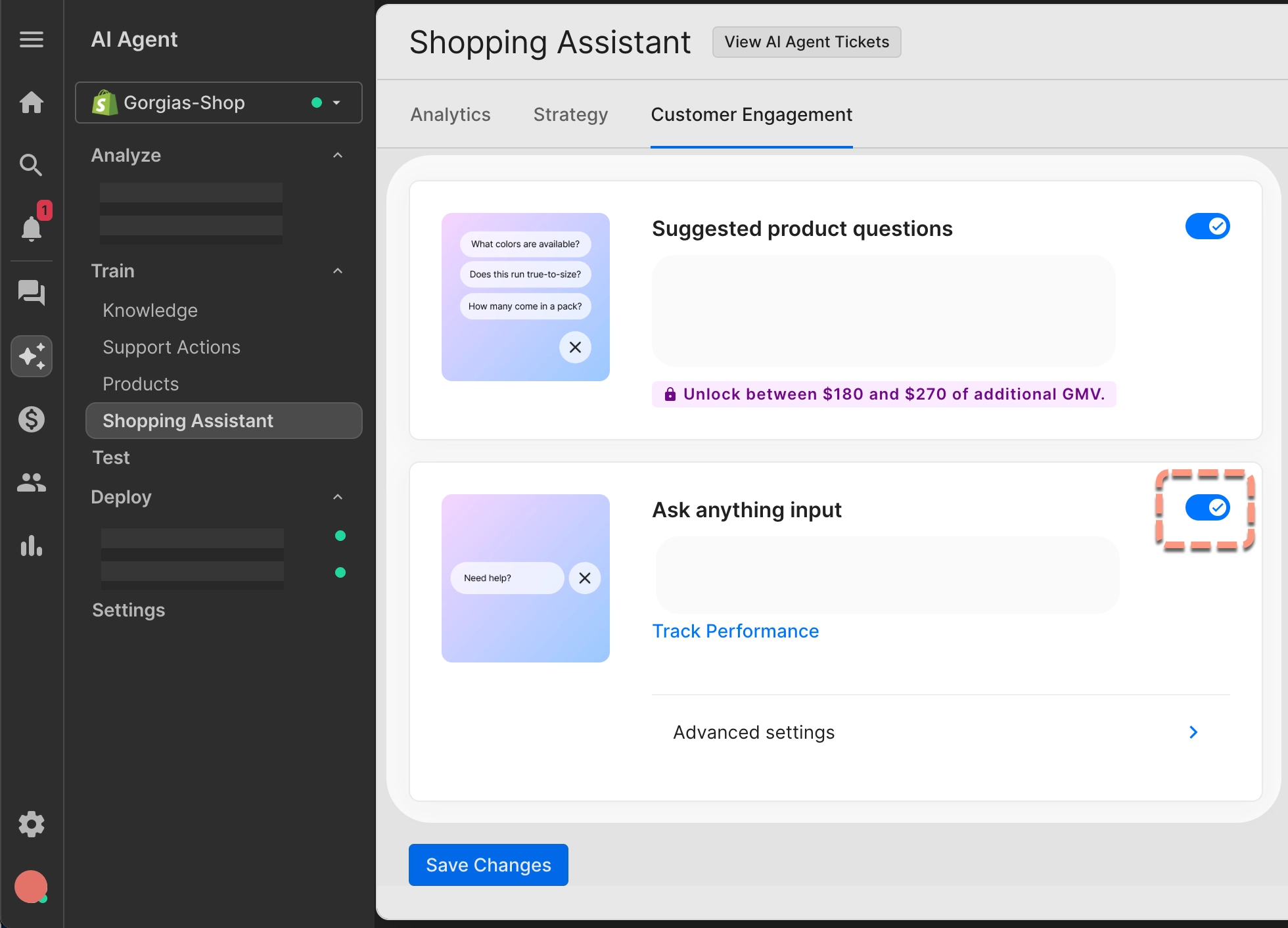 AI Agent dashboard showing customer engagement settings for Shopping Assistant. Toggles to enable “Suggested product questions” and “Ask anything input” are both highlighted