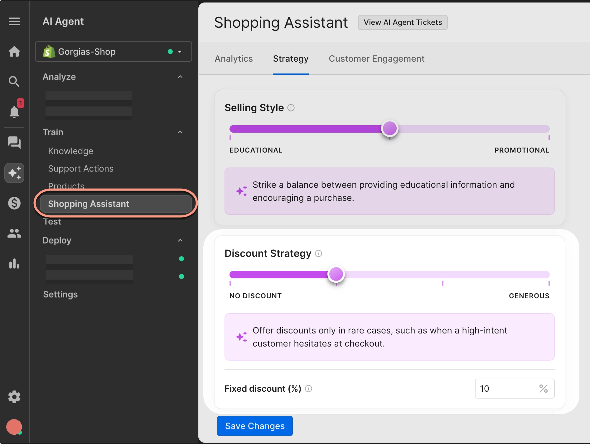 The settings panel for the AI Agent’s Shopping Assistants skill, showing a slider to adjust discount strategy (none to generous), with a 10% fixed discount; the “Shopping Assistant” tab is highlighted in the sidebar.
