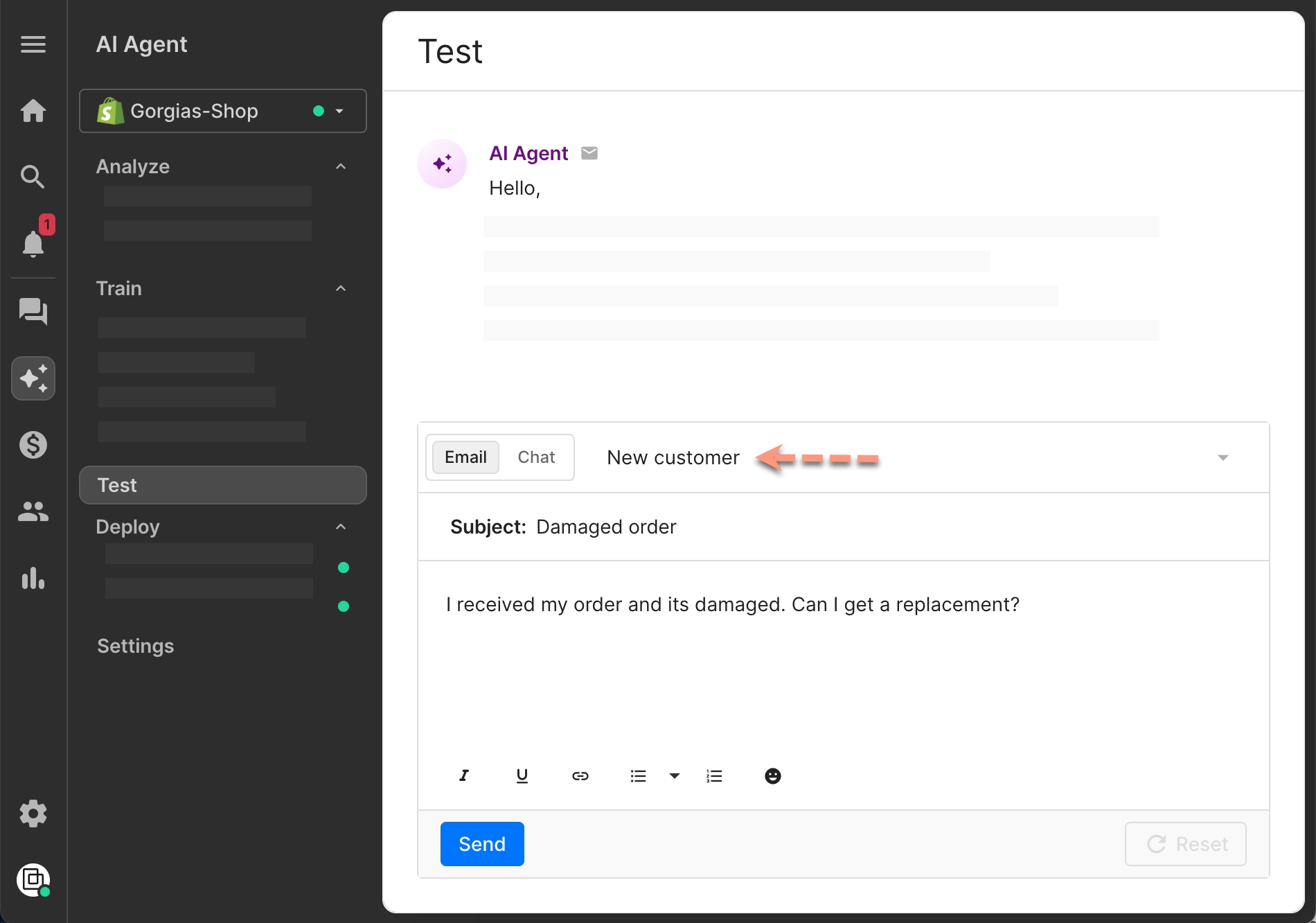 In your AI Agent settings, selecting the Test option from the menu. Then, on the Test page entering a question in the text box to evaluate how AI Agent responds