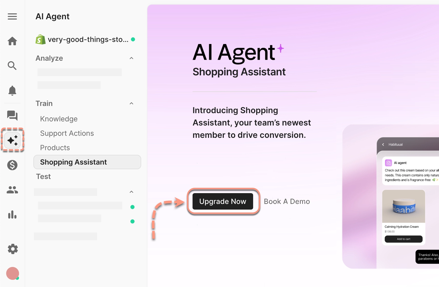 The Shopping Assistant page within your AI Agent settings, showing a paywall with the option to upgrade to use Shopping Assistant 