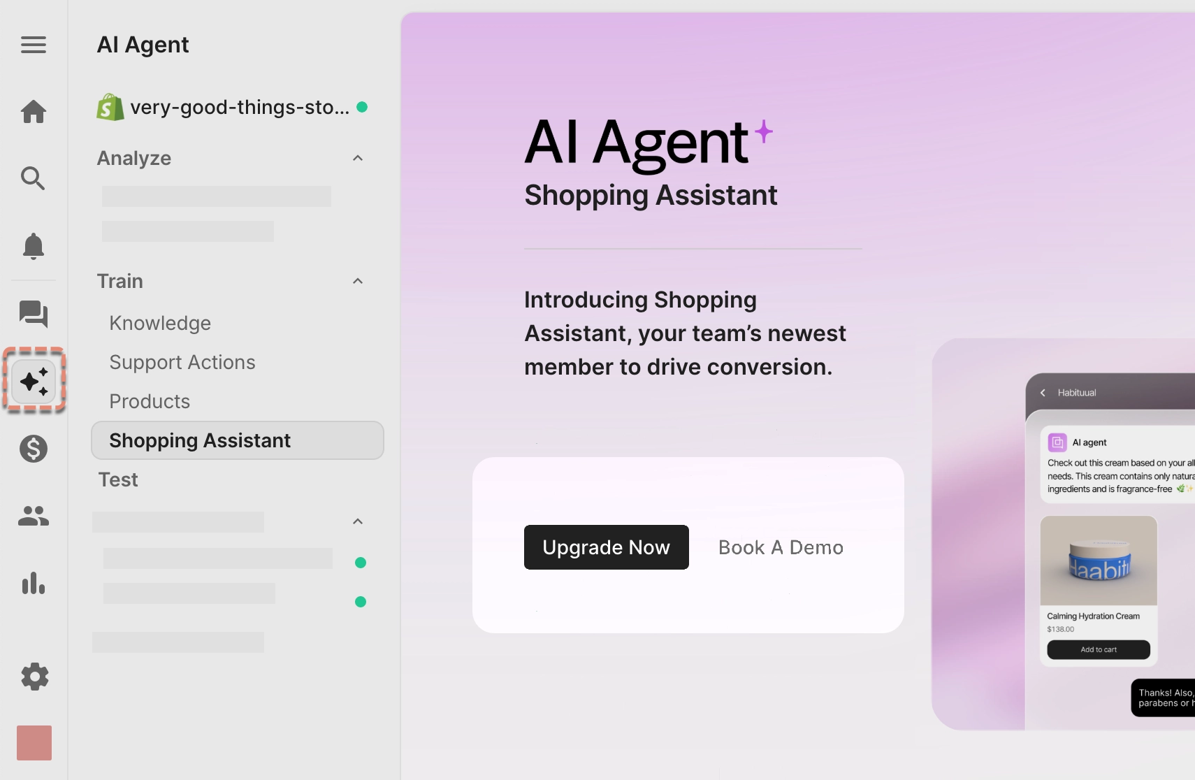 The Shopping Assistant page in your AI Agent settings, showing a paywall with the option to Upgrade Now in order to access to Shopping Assistant skills