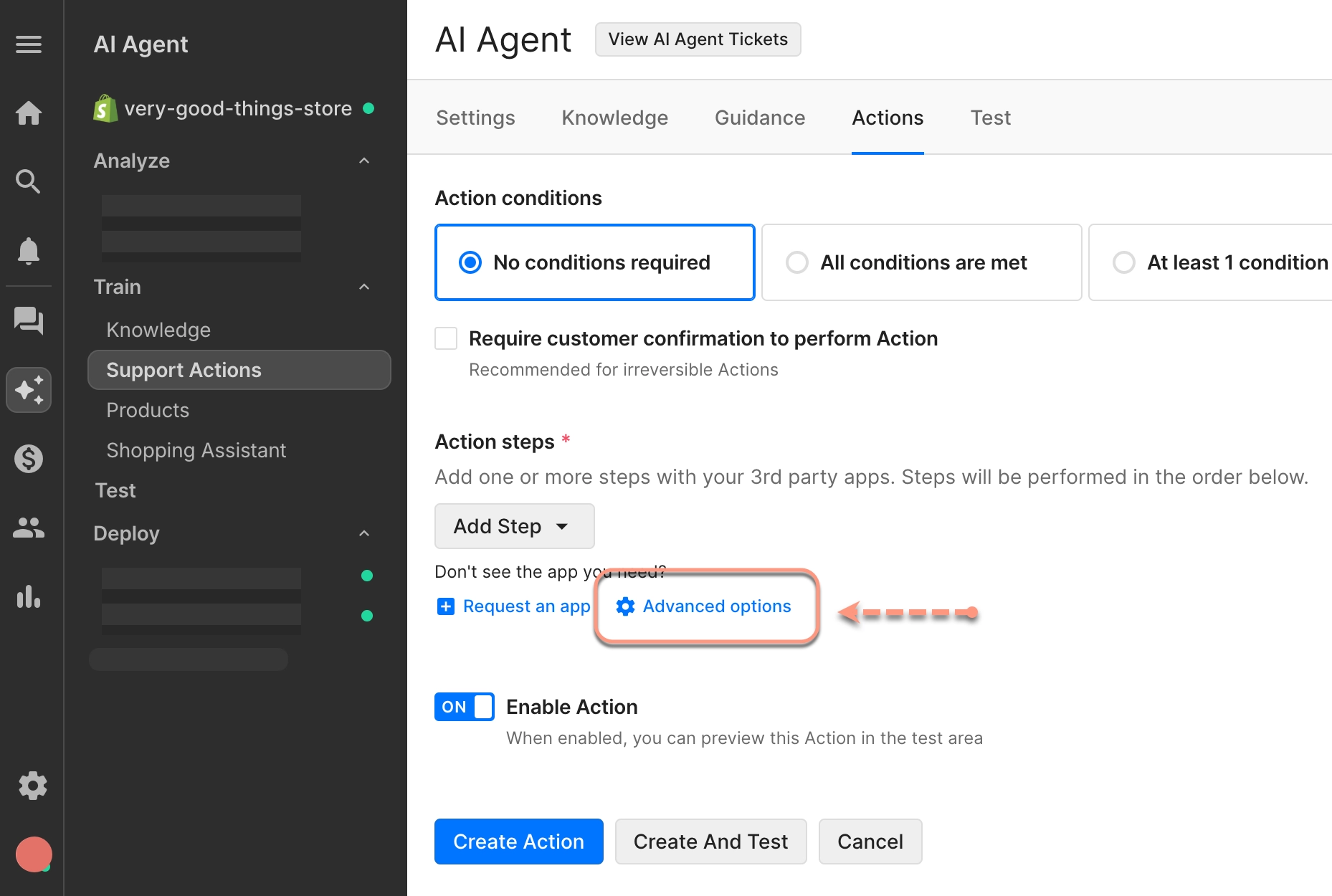 Action setup screen in AI Agent with options for action conditions, steps, and a highlighted link for advanced options.