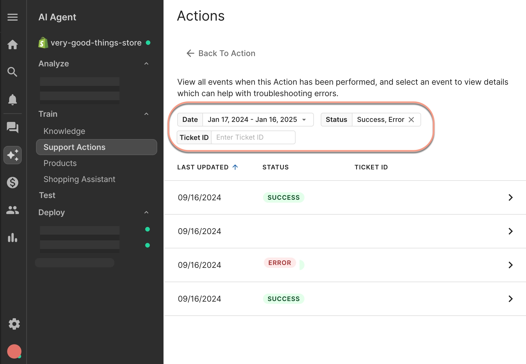 Actions event log screen showing filters for date, status, and ticket ID, with a list of past actions marked as success or error.