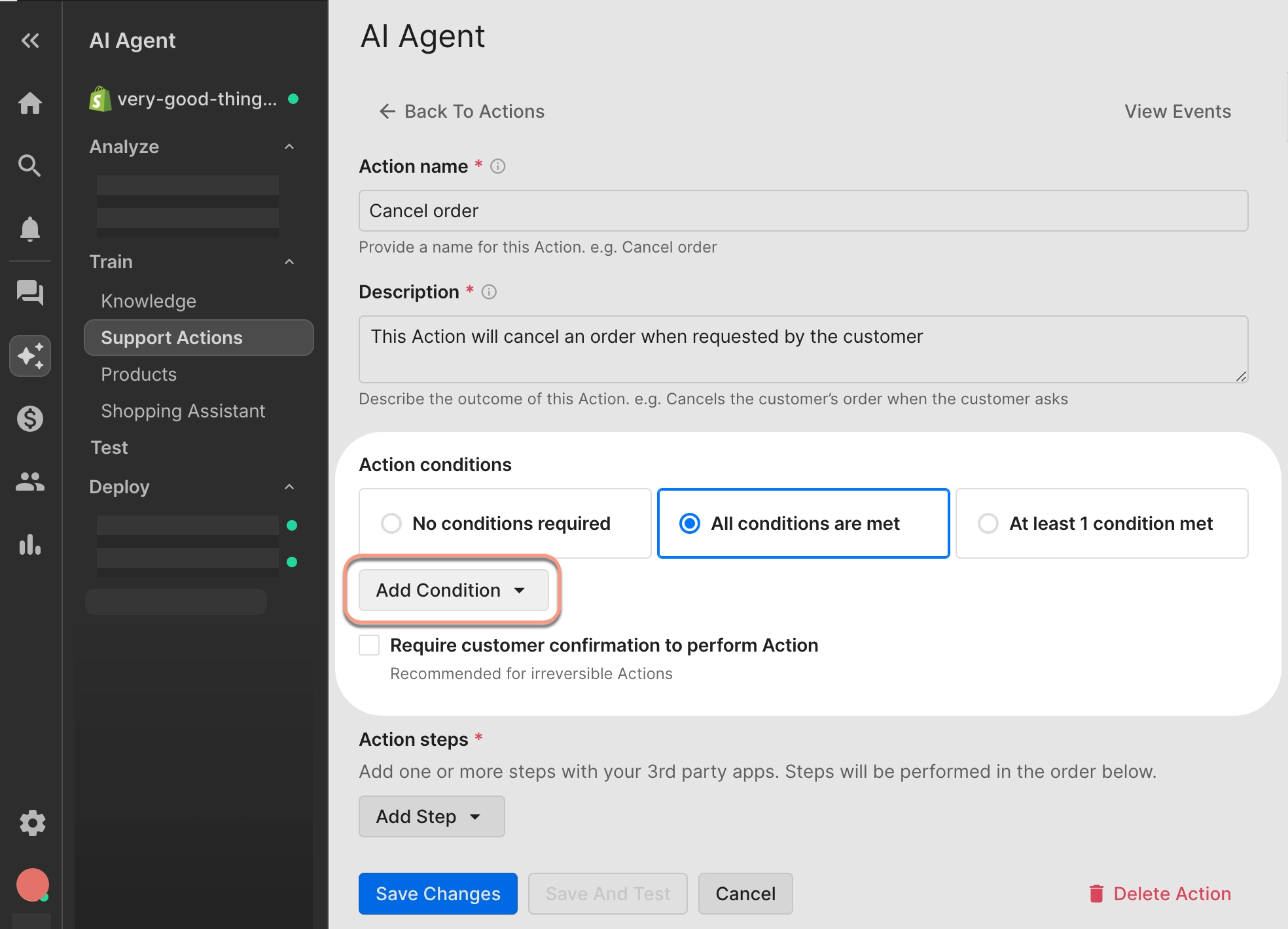 Action setup screen for canceling an order, showing fields for action name and description, with options to add conditions and steps.