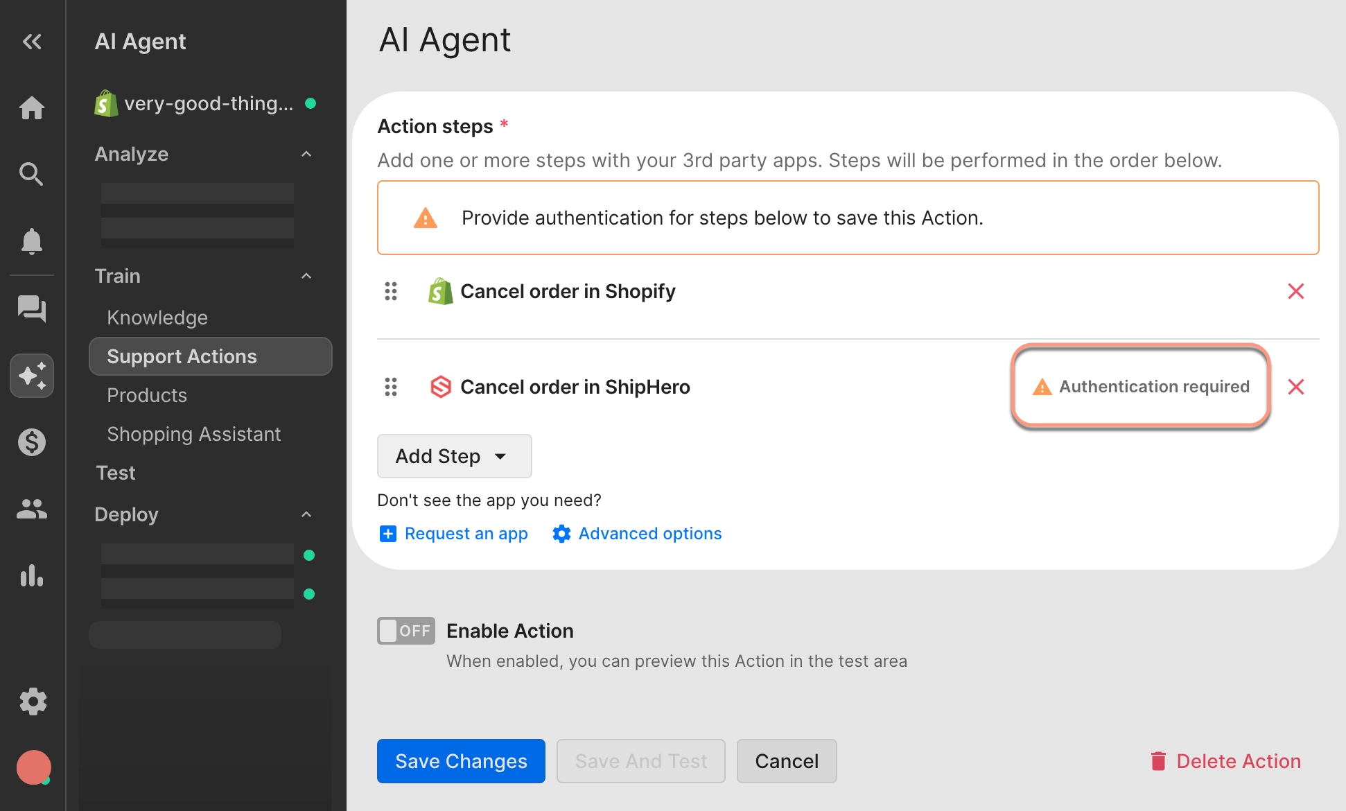 Adding steps to an Action for “Cancel order in Shopify” and “Cancel order in ShipHero,” with a warning that authentication is required.