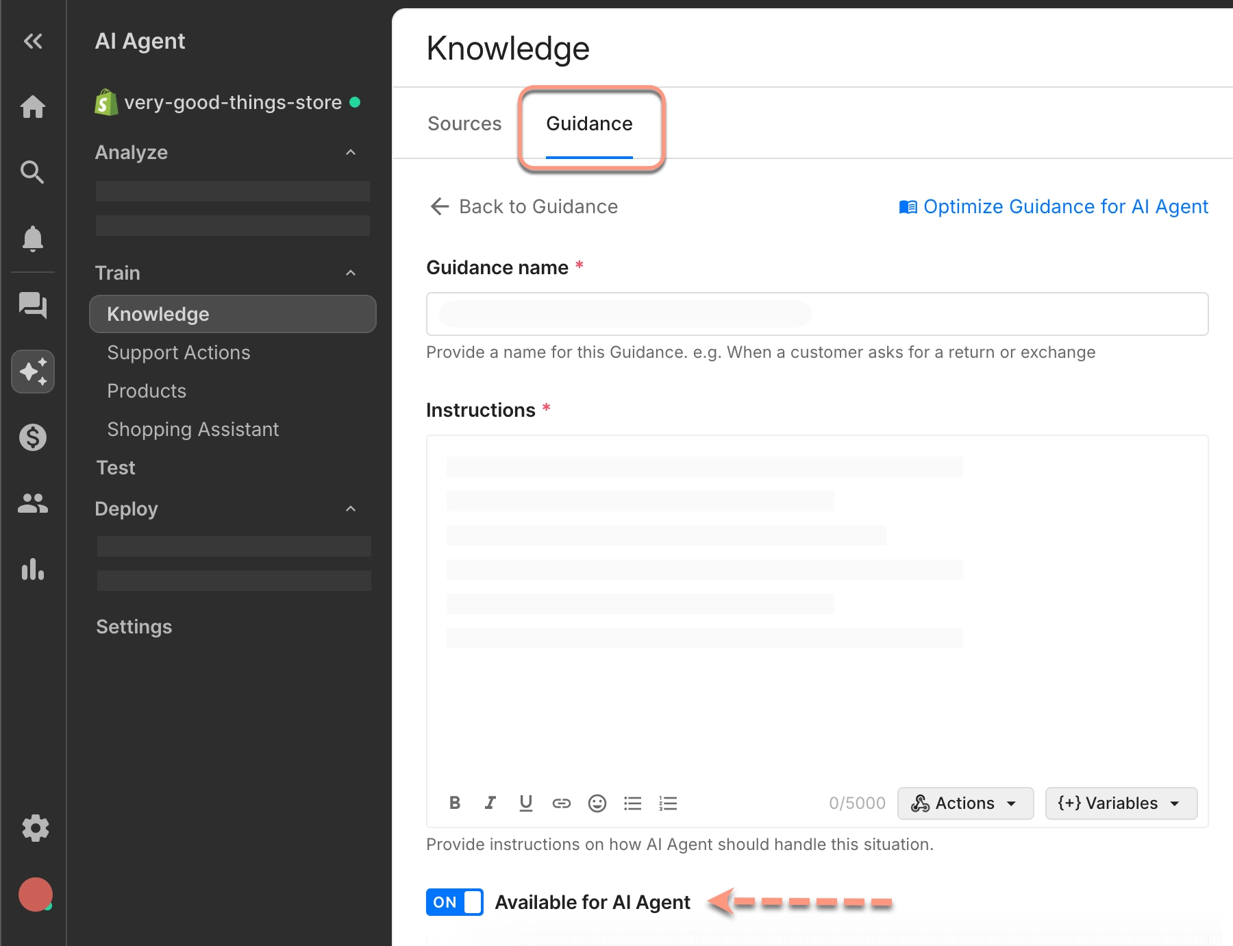  Knowledge tab in Gorgias showing the “Guidance” section where users can add a guidance name and instructions, with an option to make it available for the AI Agent.