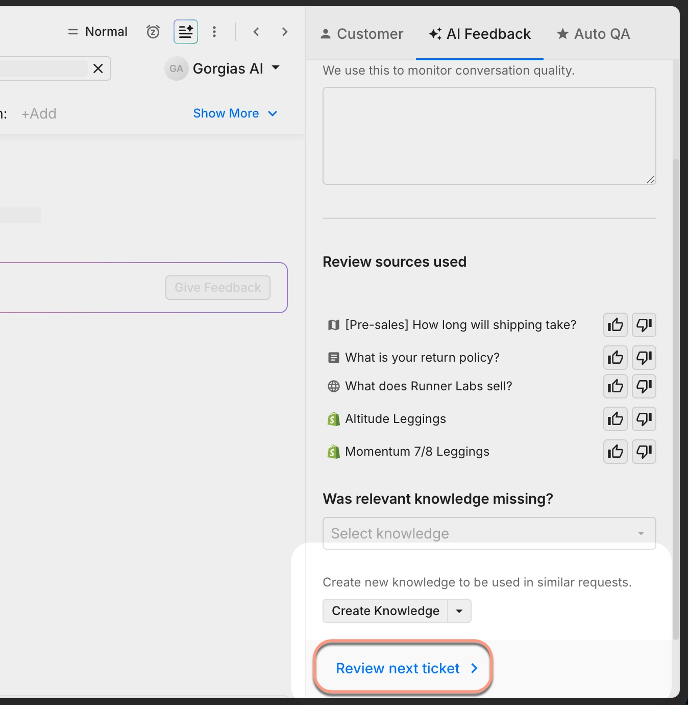 AI Feedback panel in Gorgias showing review sources used, knowledge creation options, and a button labeled “Review next ticket.”