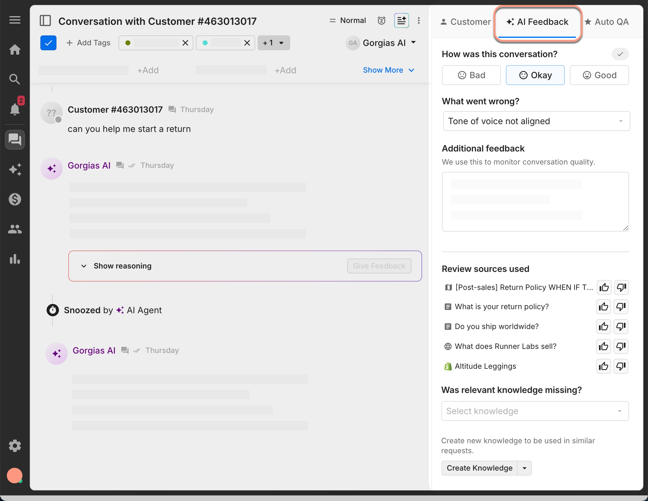 Customer conversation in Gorgias with the AI Feedback panel open, showing conversation rating options, review sources, and feedback fields.
