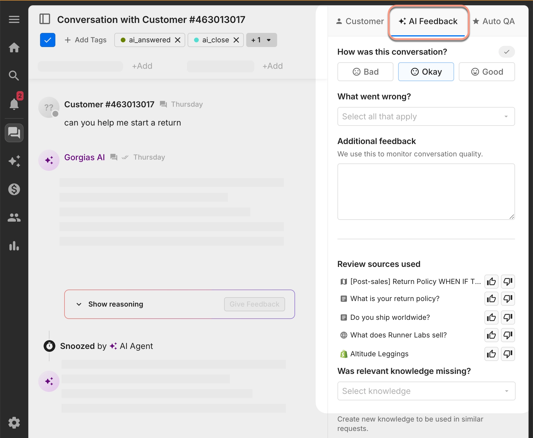  Gorgias customer support conversation showing a customer asking for help starting a return. The right-hand panel is open to “AI Feedback,” where a user can rate the conversation, provide feedback, and review sources used by the AI.