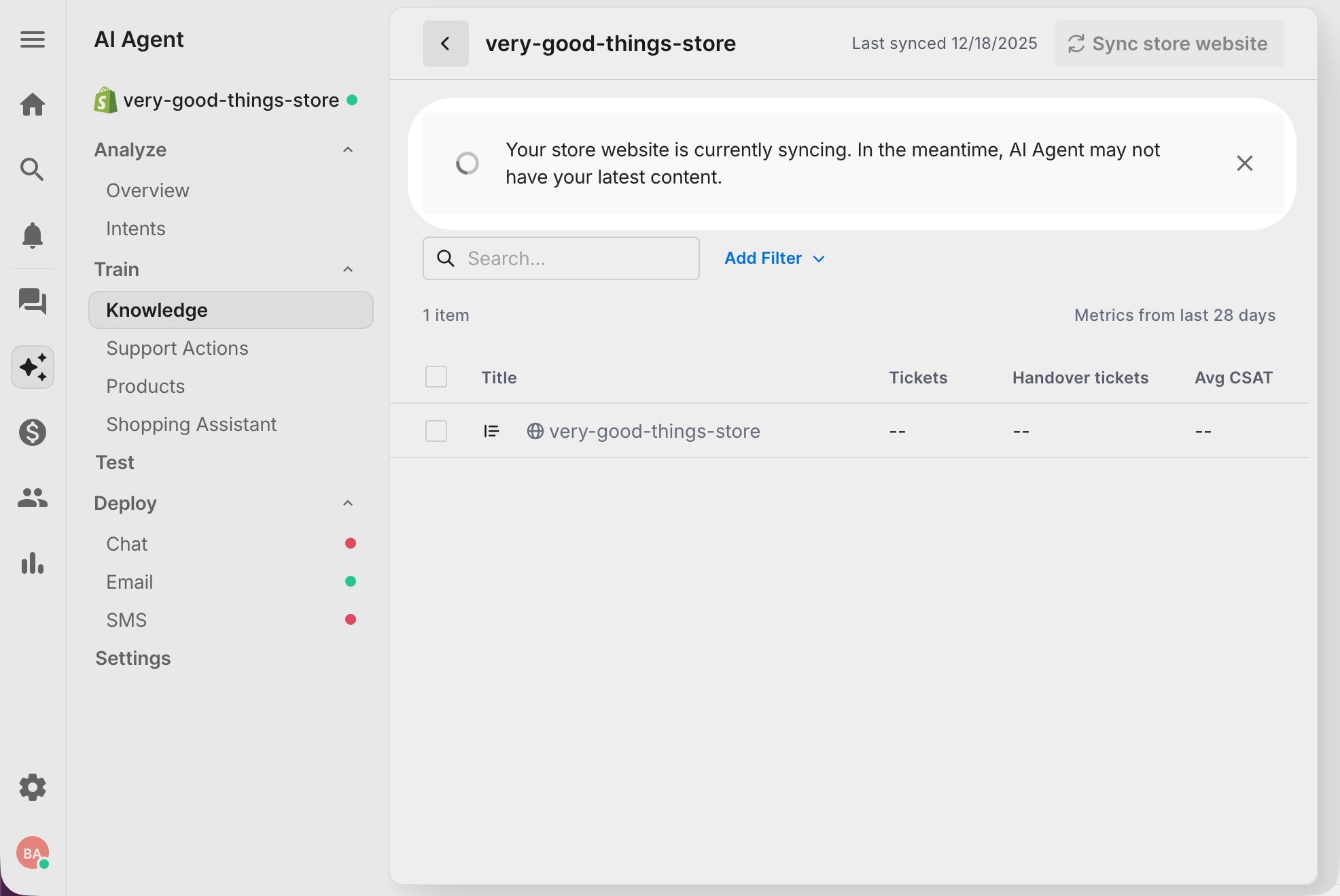 A status banner at the top of the Knowledge page in your Gorgias' AI Agent settings. The banner shows that a website sync is currently in progress.
