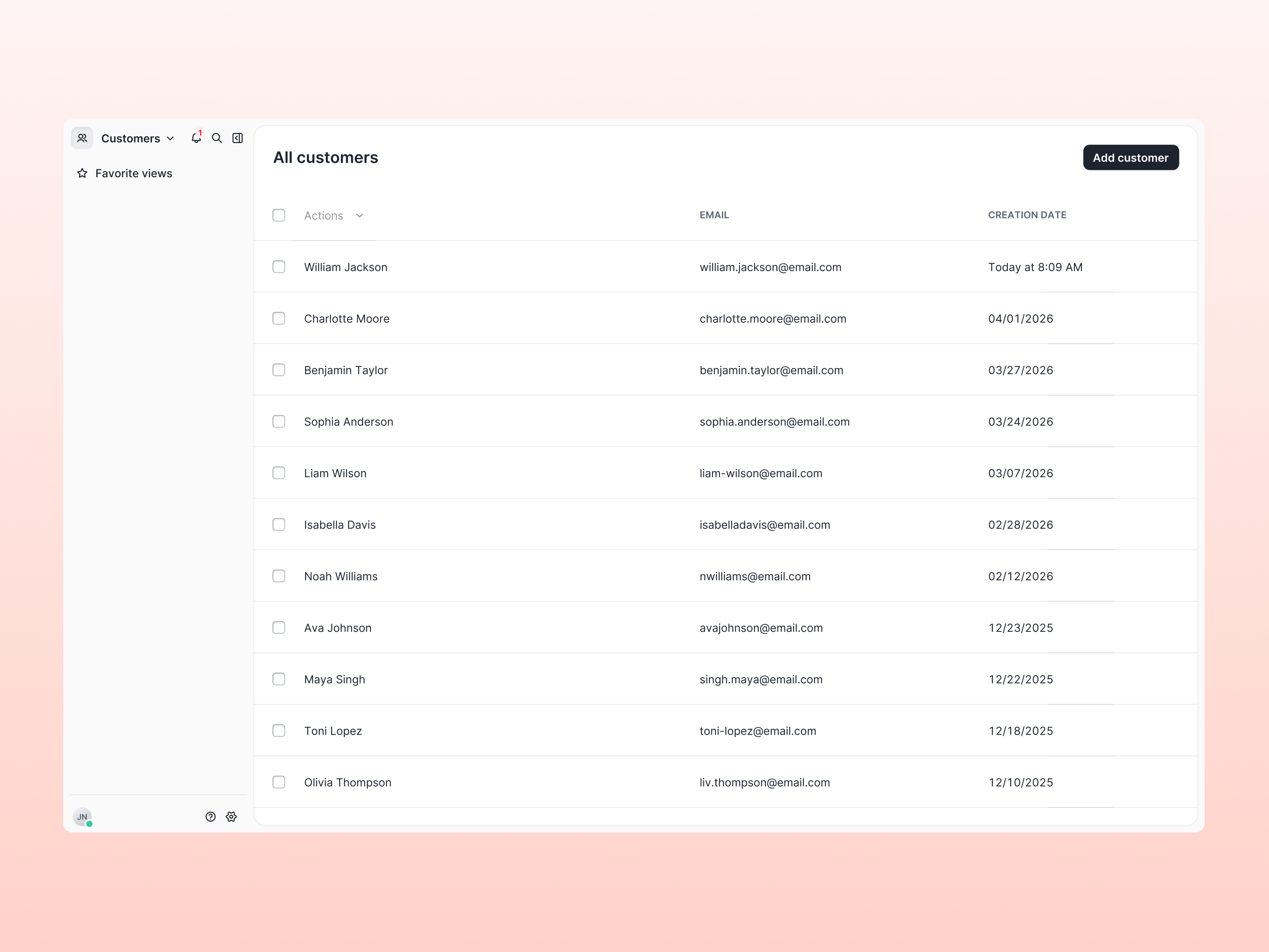 The Gorgias Customers section showing an "All customers" table with columns for name, email, and creation date, listing 11 customers with an "Add customer" button in the top right.