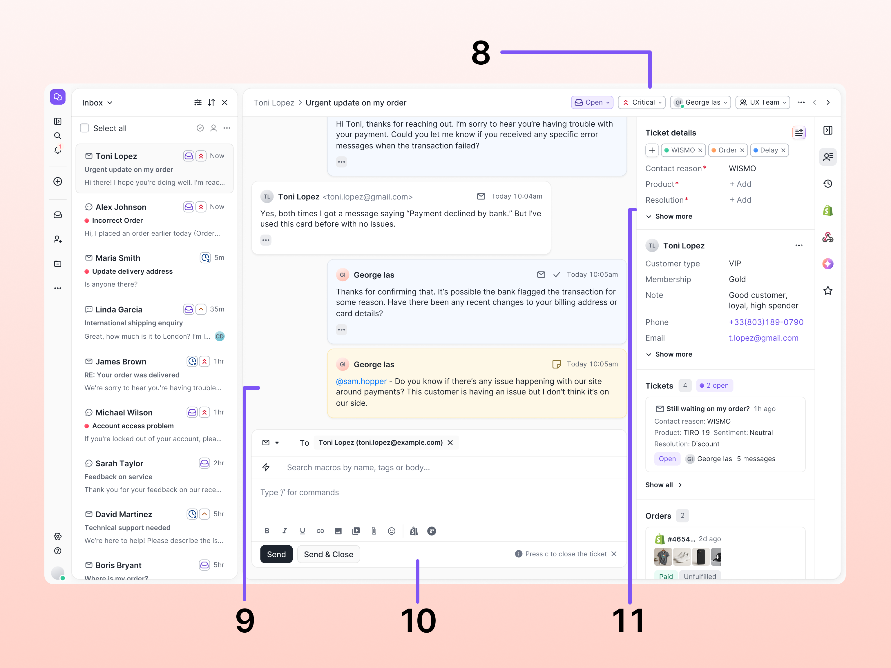 A single open ticket in Gorgias showing a conversation between a customer and agent about a payment issue, with ticket metadata, customer profile (VIP, Gold membership), linked tickets, and order details visible in the right panel.