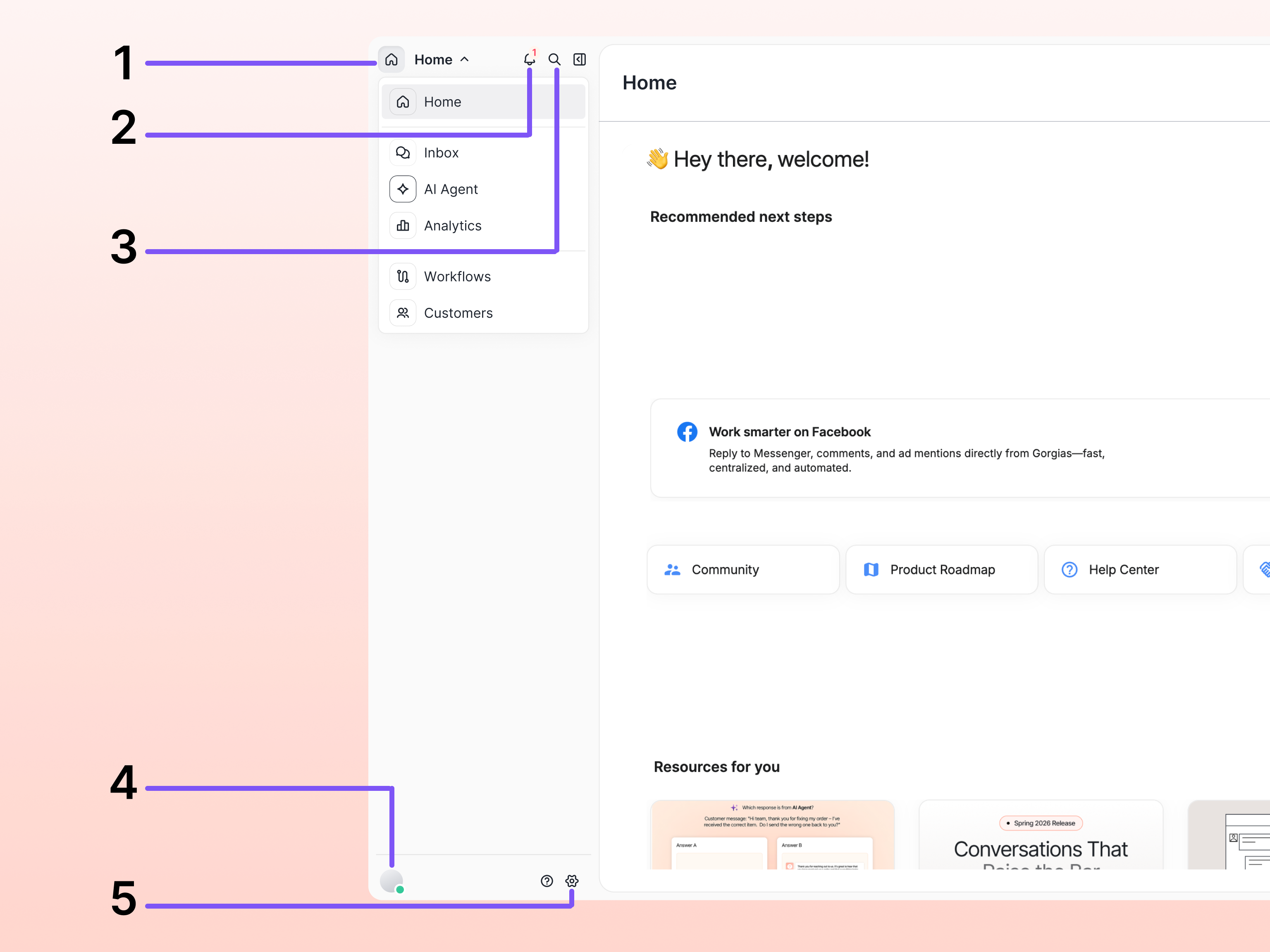 A navigation dropdown menu open over the Gorgias app, showing the top-level section links: Home, Inbox, AI Agent, Analytics, Workflows, and Customers.