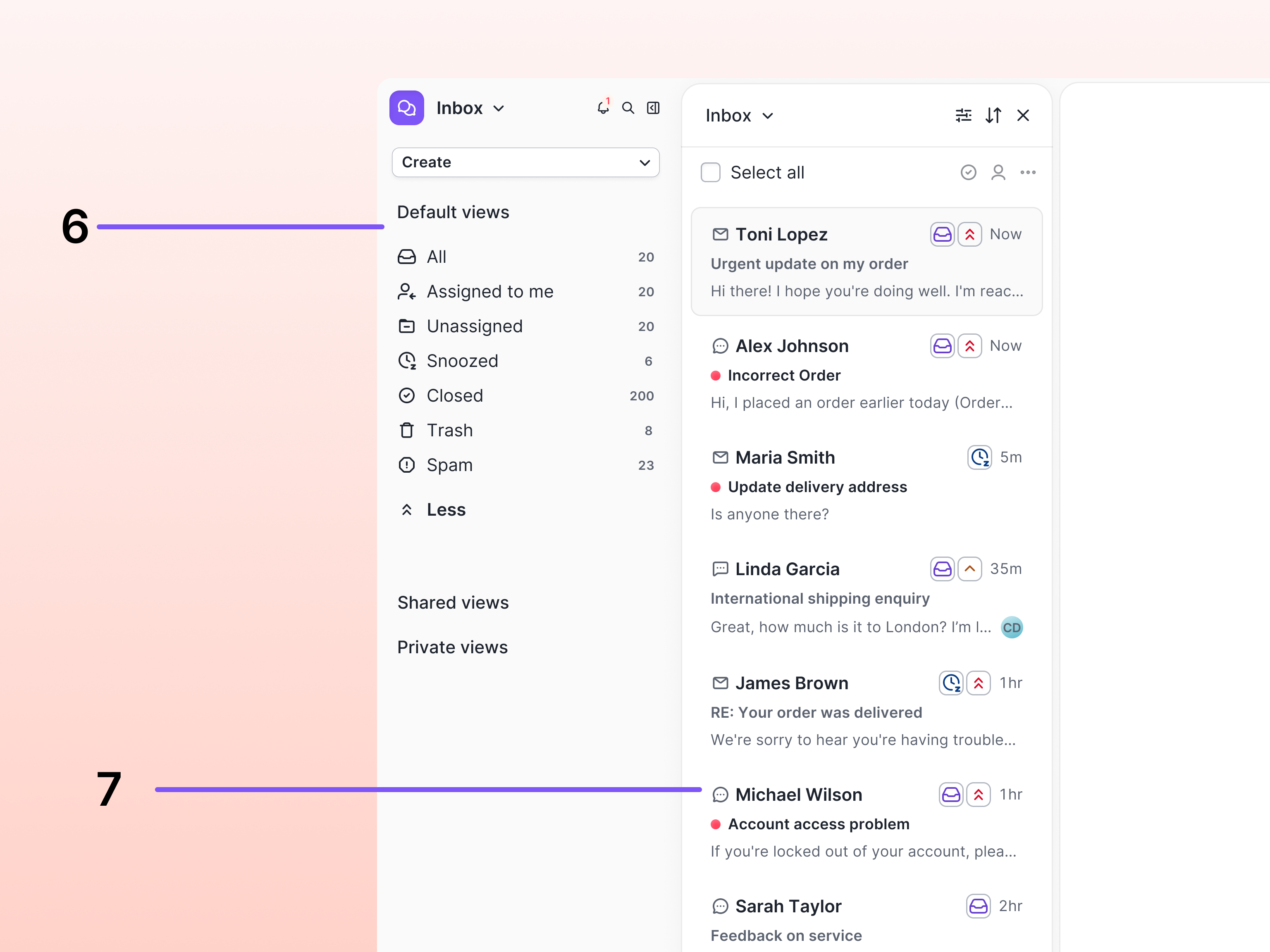 The Gorgias inbox views panel expanded, showing Default views (Real-time, All, Assigned to me, Unassigned, Snoozed, Closed, Trash, Spam), along with Shared views and Private views sections, alongside the ticket list.