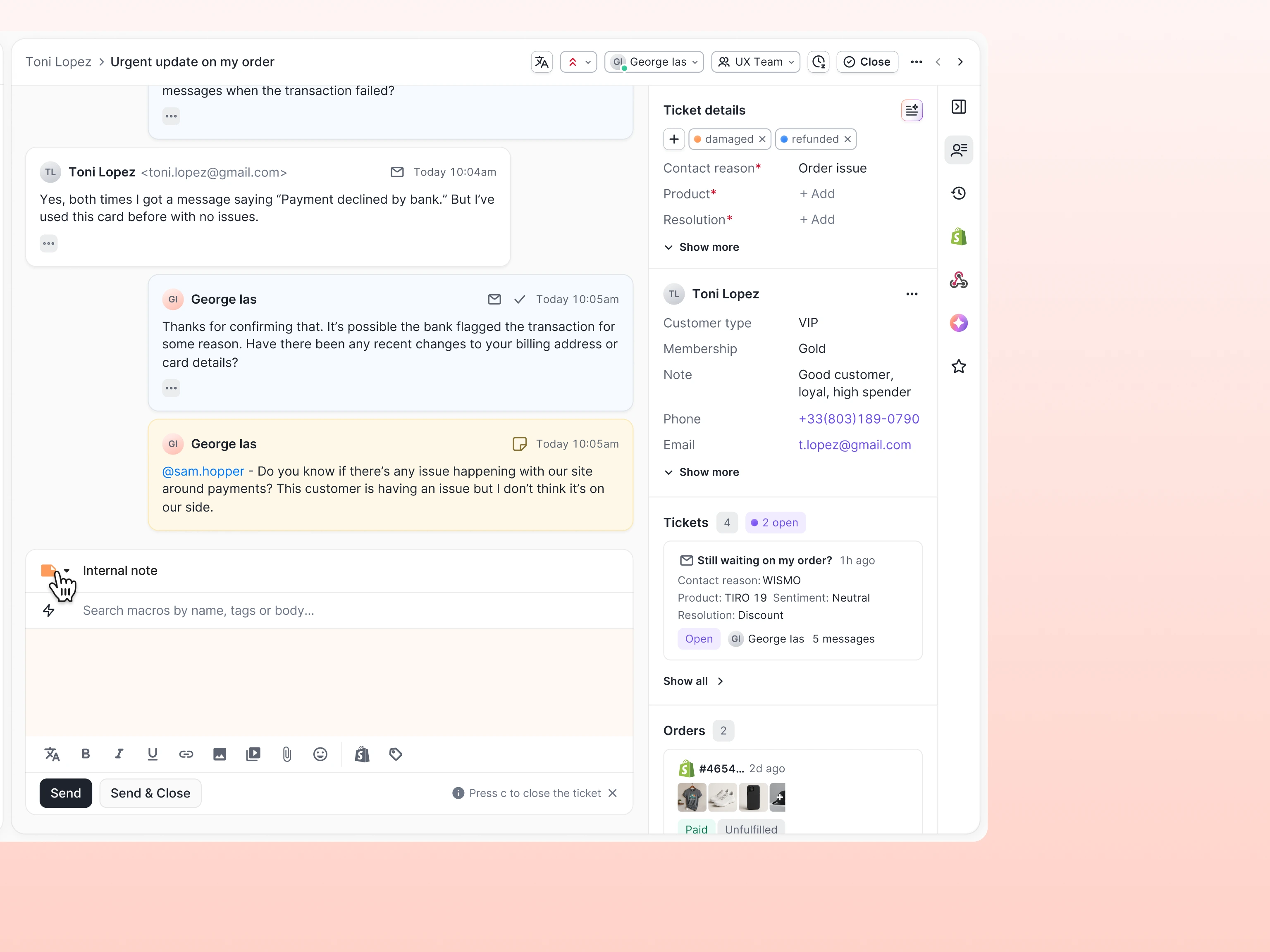 The Gorgias reply composer set to internal note mode.