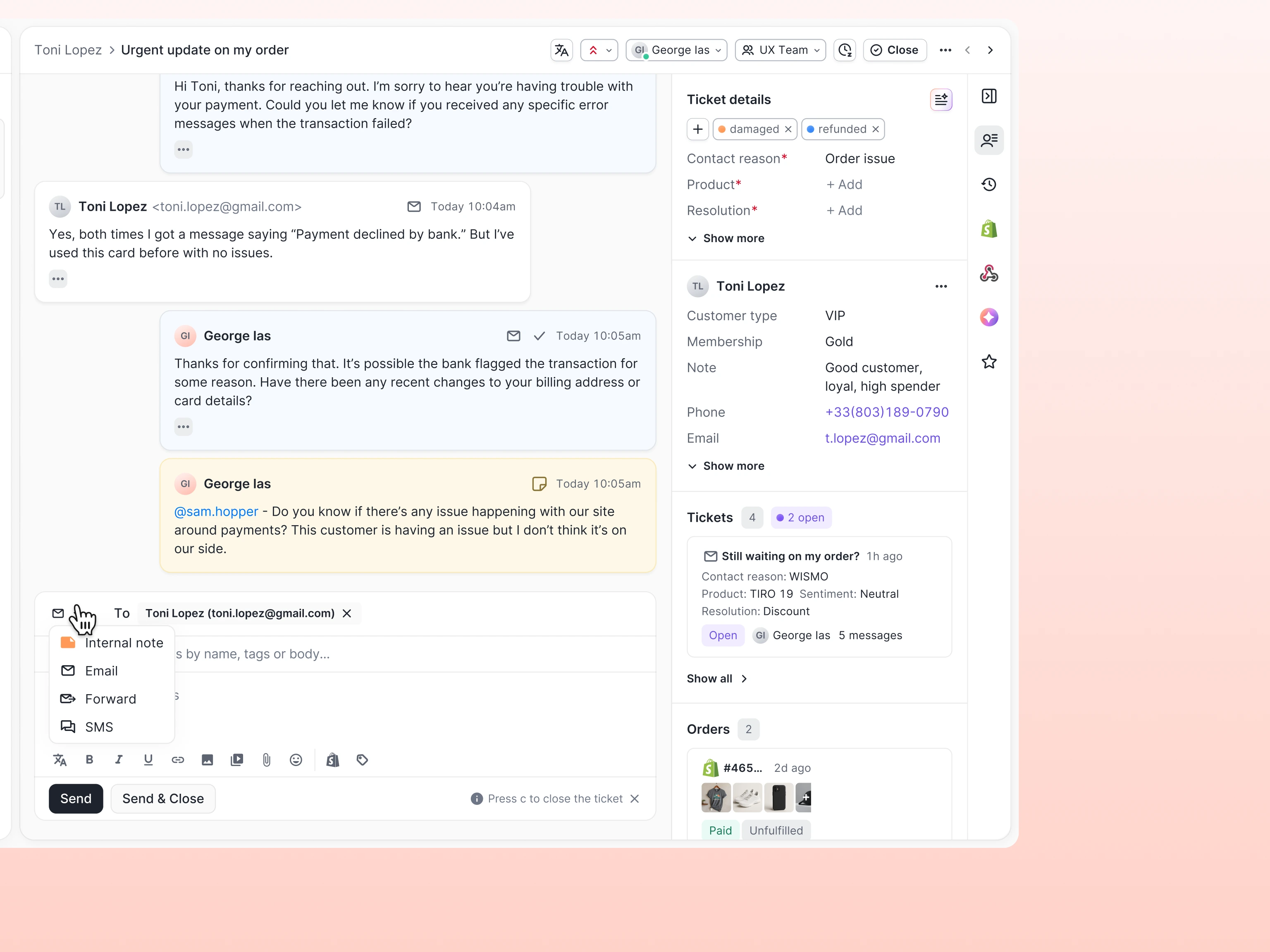 The Gorgias reply composer with the message type dropdown open, showing options for Internal note, Email, Forward, and SMS.