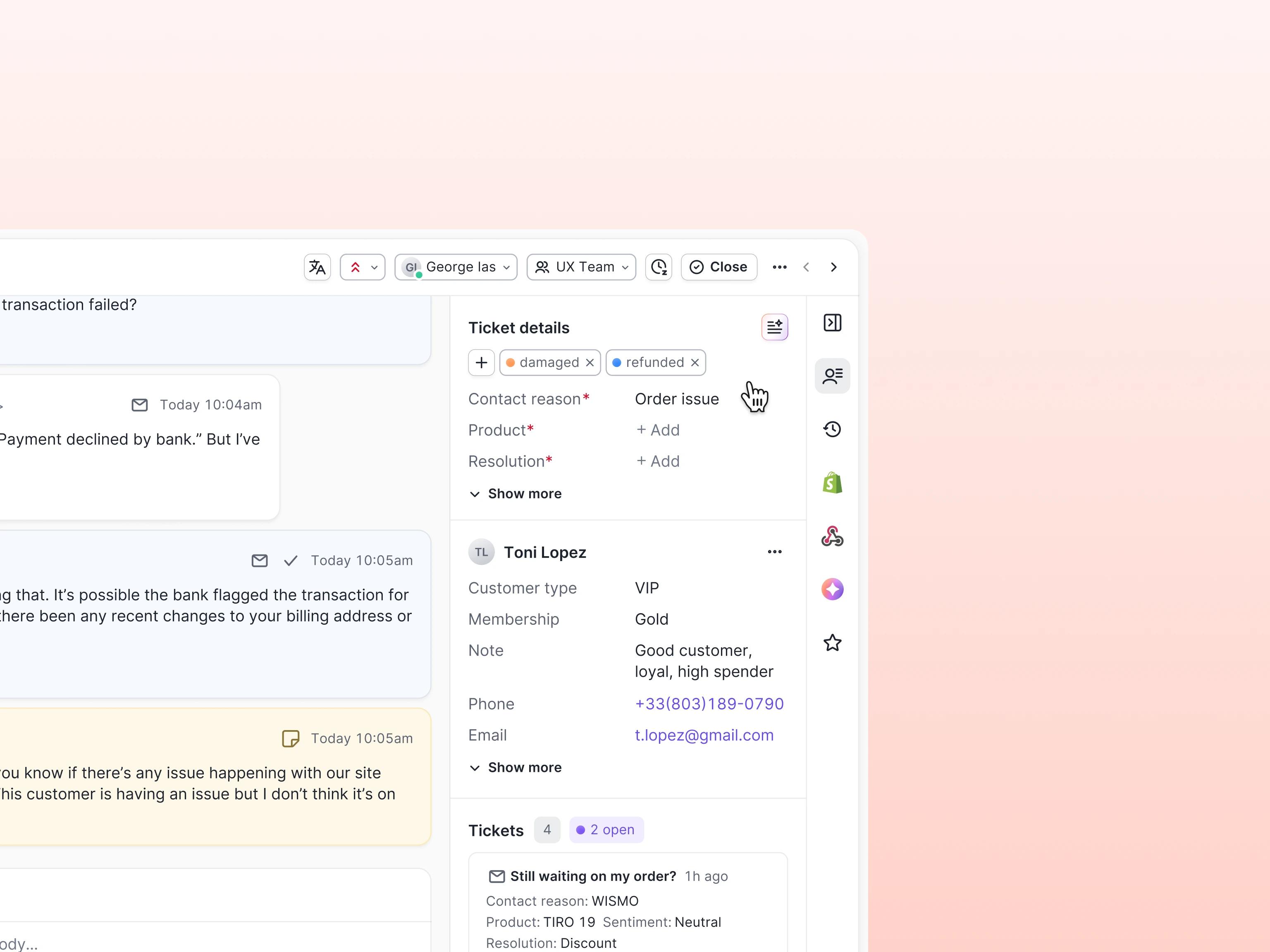 The Gorgias ticket details panel with the tags section highlighted.