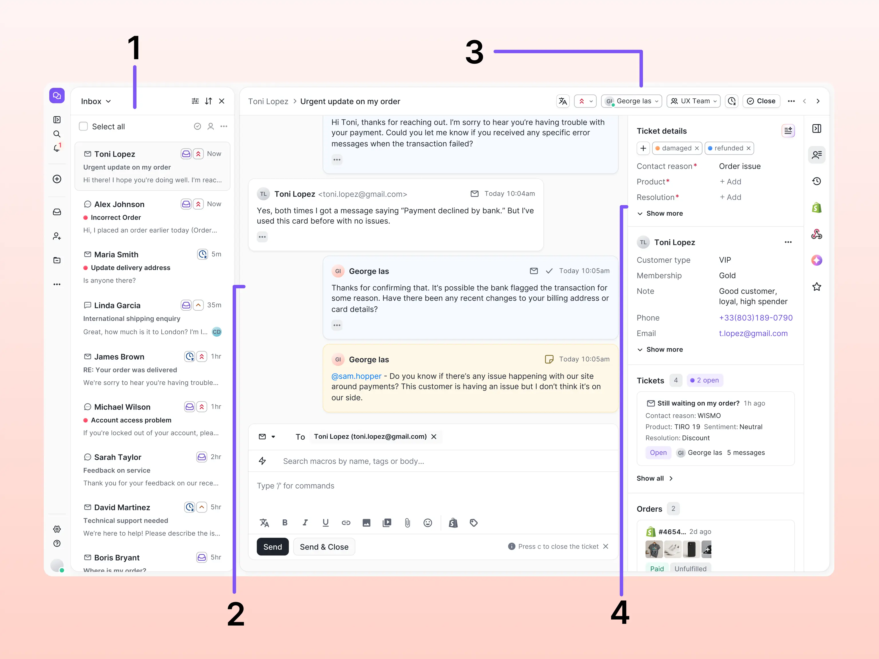 A full Gorgias ticket view showing the conversation panel, ticket details, and customer profile sidebar.