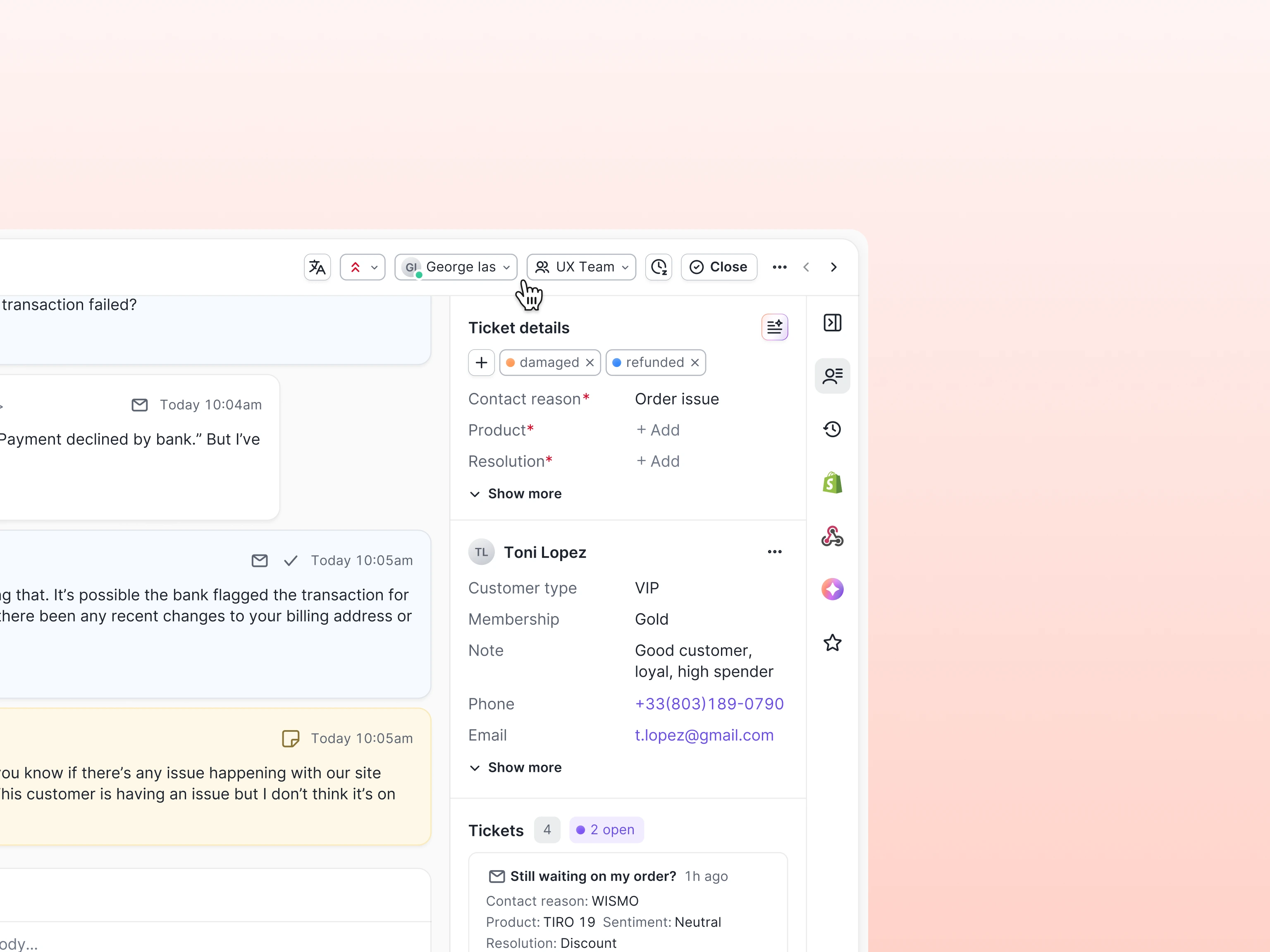 The Gorgias ticket toolbar with the agent and team assignee dropdowns highlighted.