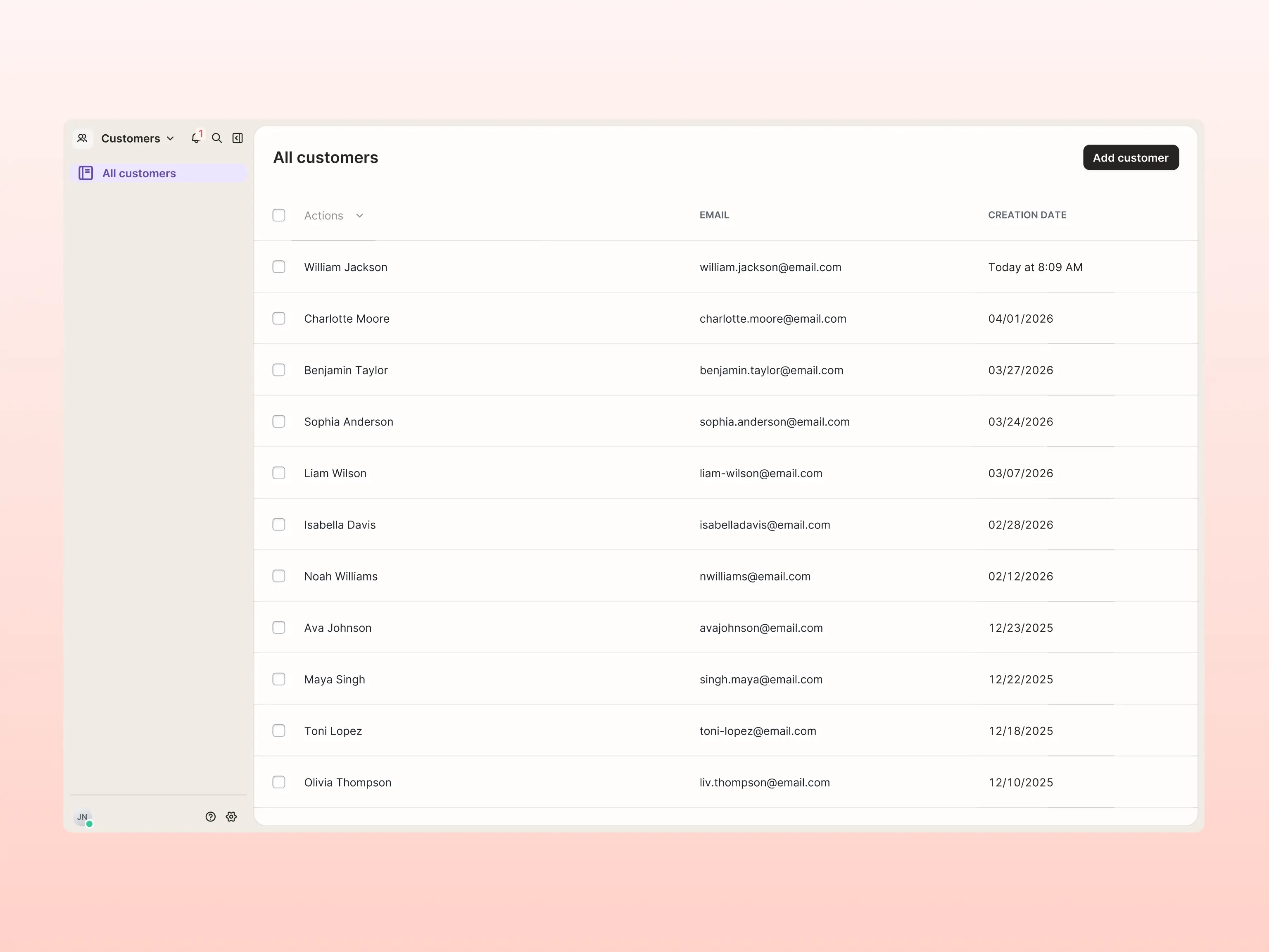 The Gorgias Customers section showing an "All customers" table with columns for name, email, and creation date, listing 11 customers with an "Add customer" button in the top right.