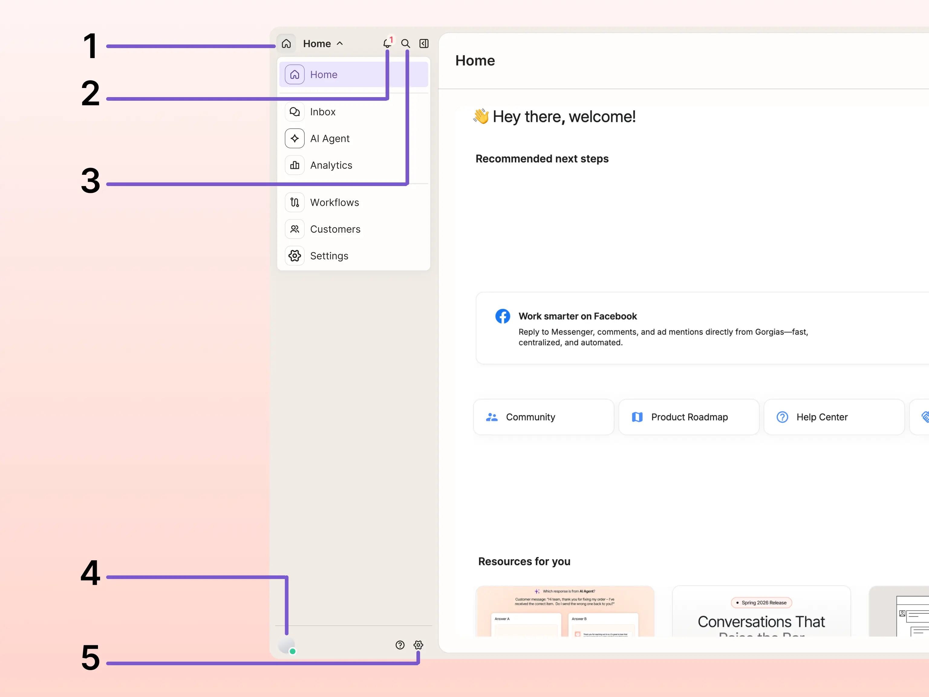 A navigation dropdown menu open over the Gorgias app, showing the top-level section links: Home, Inbox, AI Agent, Analytics, Workflows, and Customers.