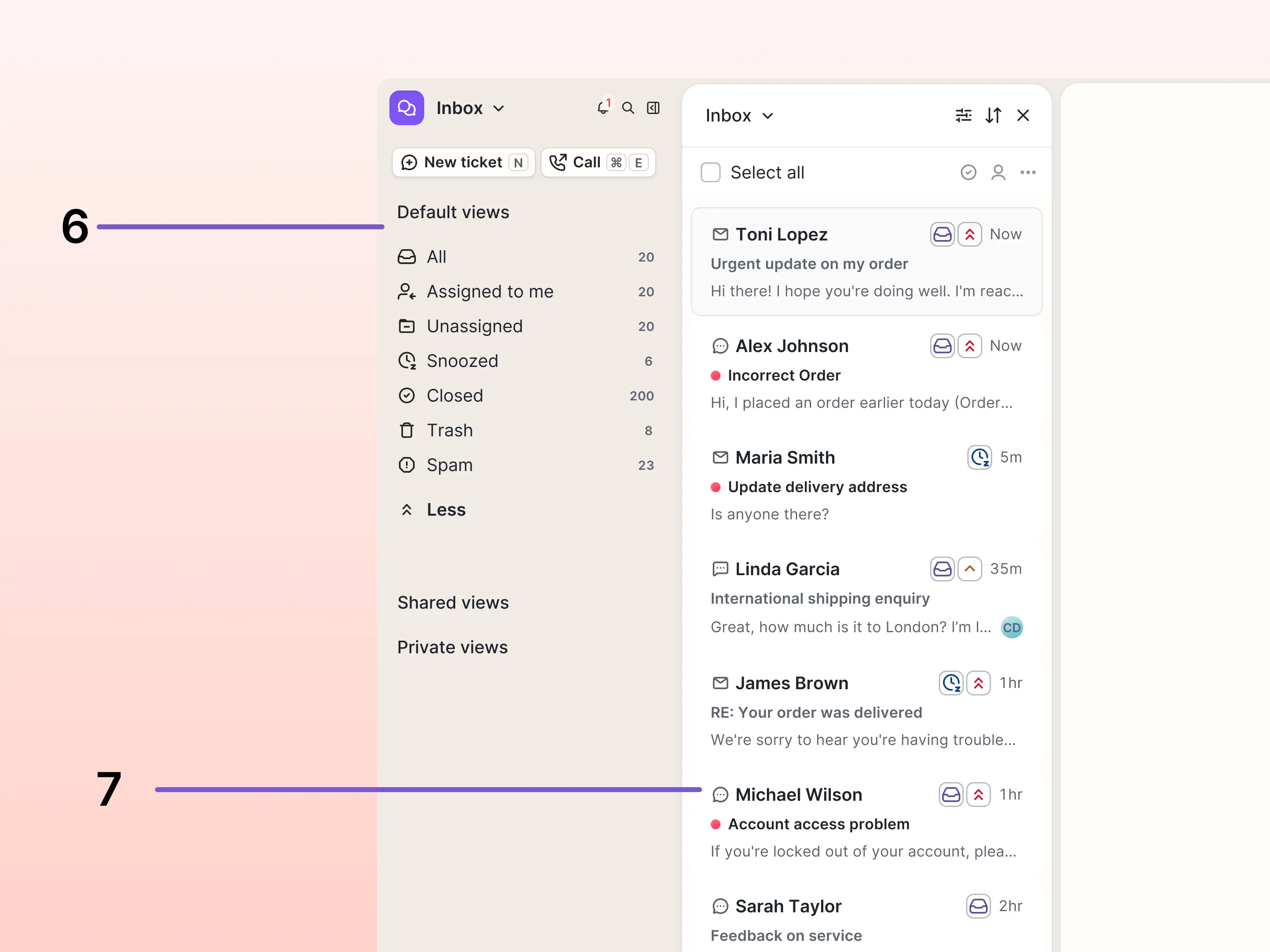 The Gorgias inbox views panel expanded, showing Default views (Real-time, All, Assigned to me, Unassigned, Snoozed, Closed, Trash, Spam), along with Shared views and Private views sections, alongside the ticket list.